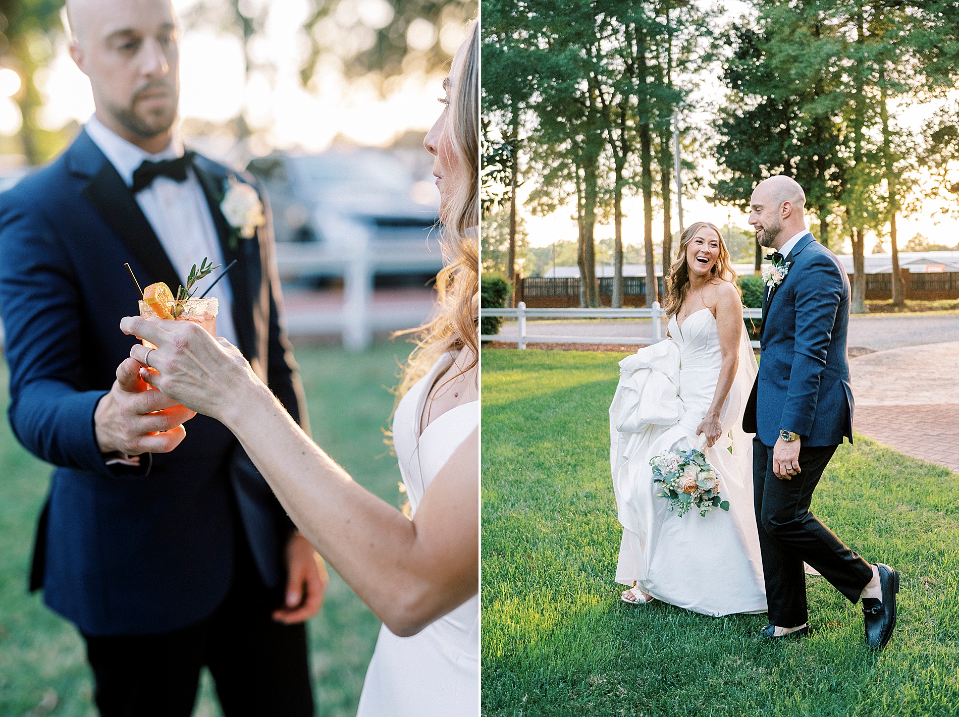 newlyweds share drink as they walk across lawn of The Brawley Estate