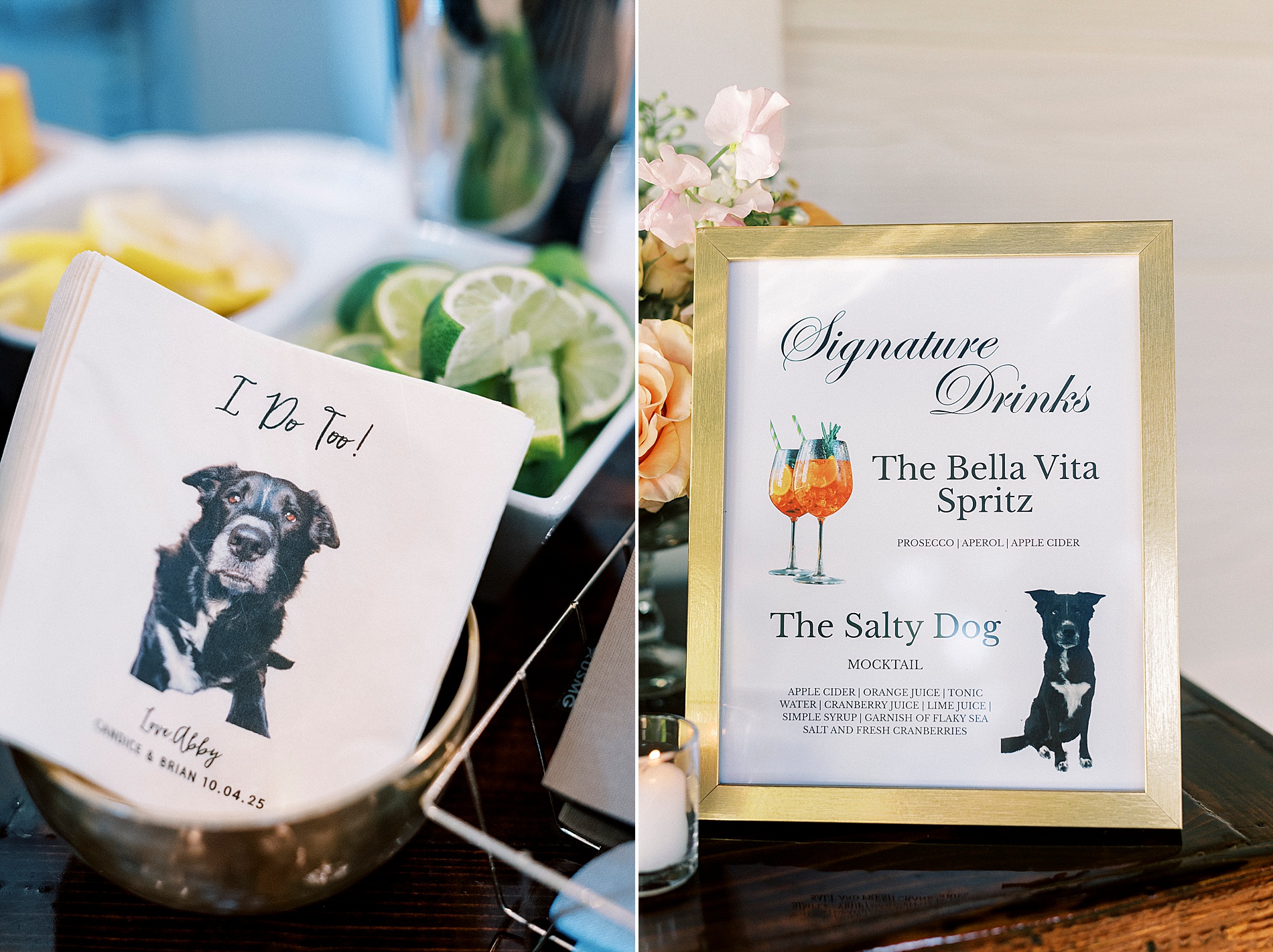 custom cocktail napkins and signature drink sign featuring artwork of couple's dog