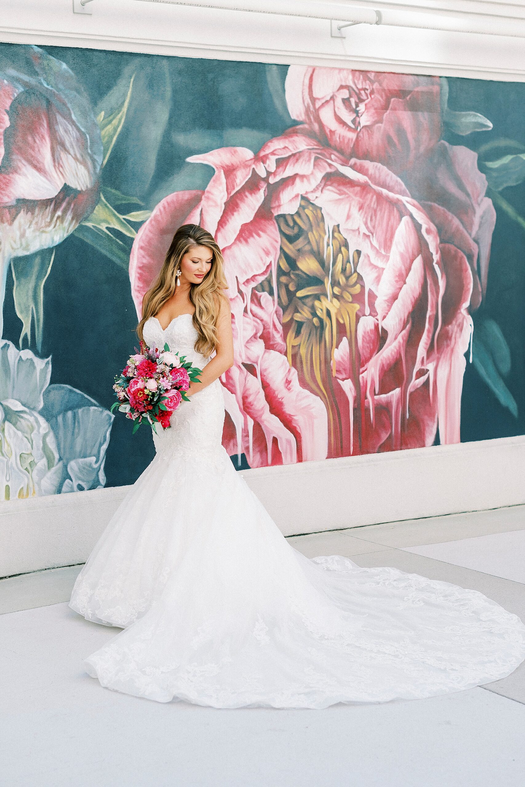 elegant bridal portraits with bright pink bridal bouquet  