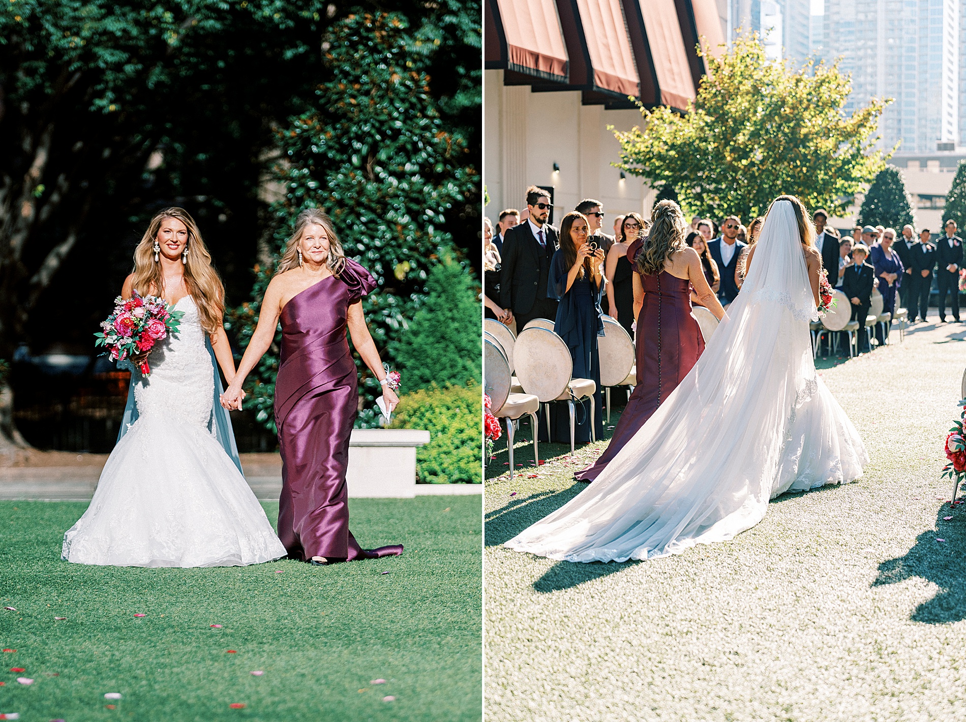 bride and mom walk down the aisle 