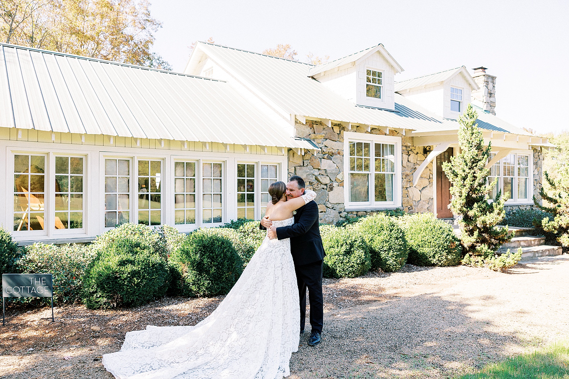 first look between bride and father  before Morning Glory Farm Wedding in Monroe, NC