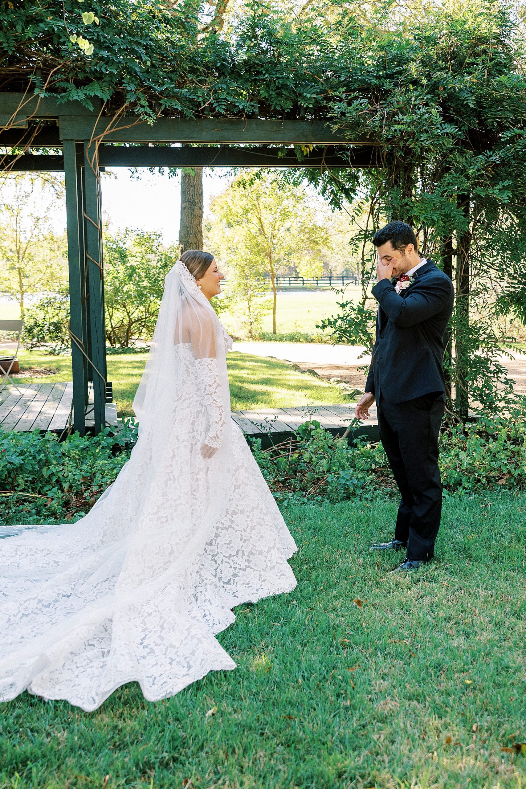 emotional first look between bride and groom from Morning Glory Farm Wedding in Monroe, NC