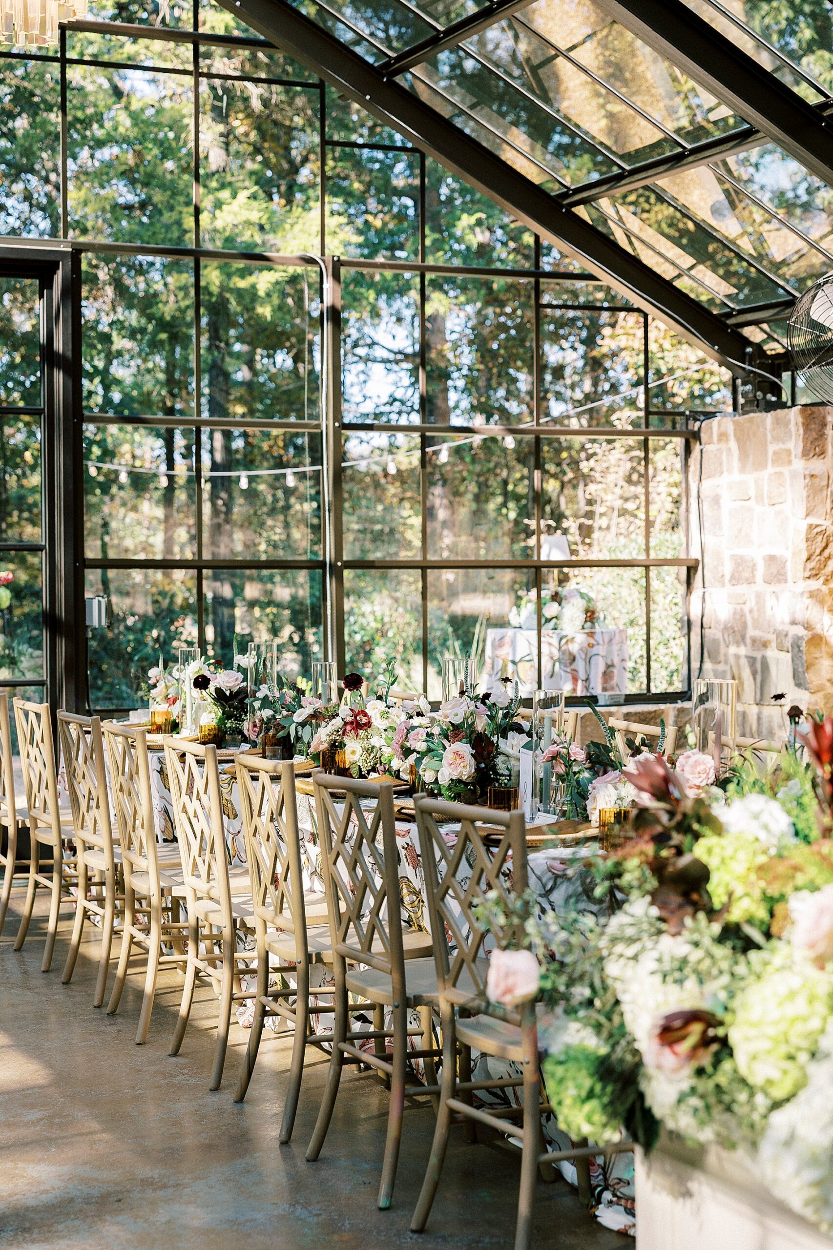 wedding reception at beautiful glass greenhouse at Morning Glory Farm in Monroe, NC