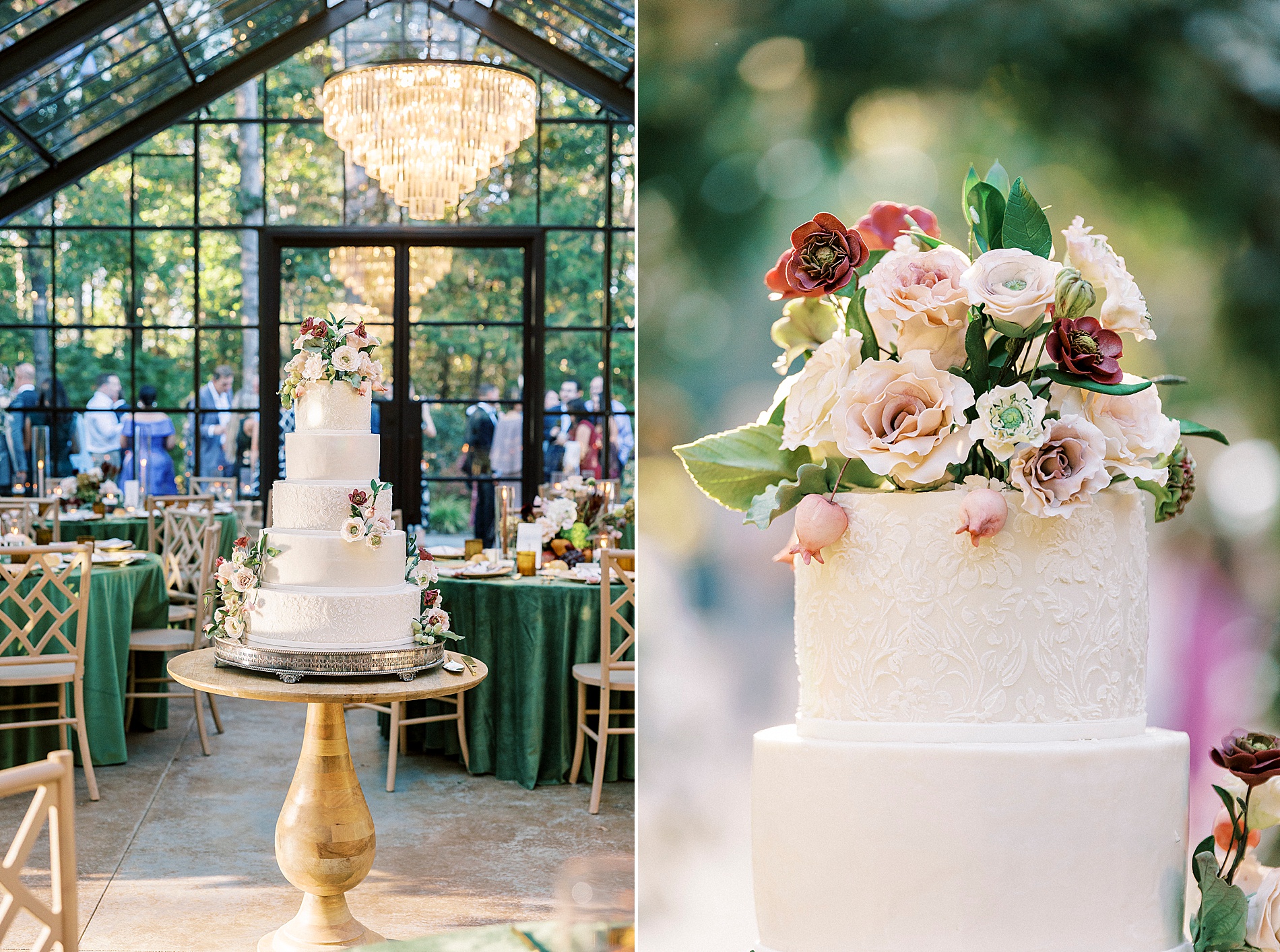 wedding cake with intricate details and organic florals 