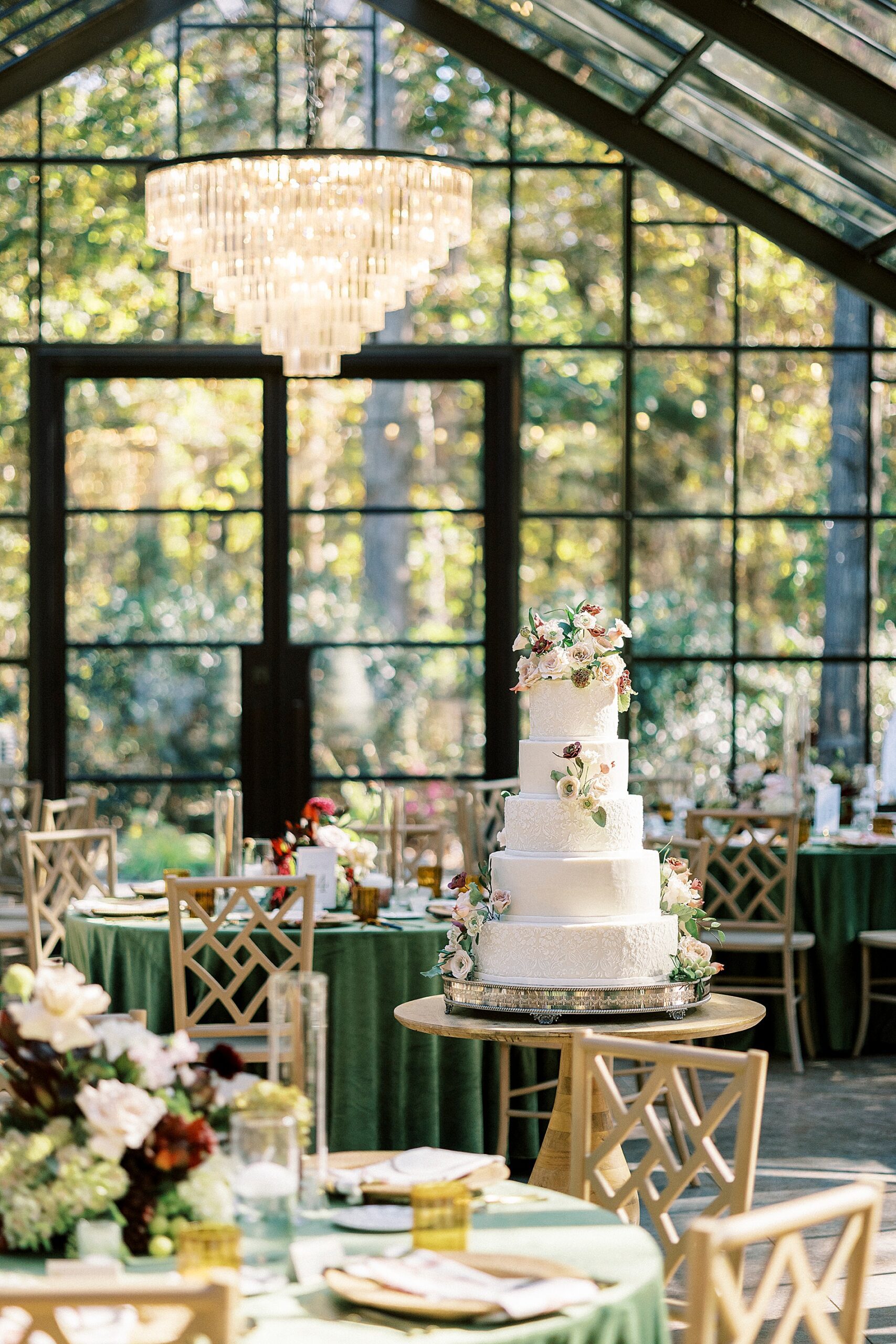 5 tiered wedding cake at beautiful wedding reception at Morning Glory Farm Wedding in Monroe, NC 