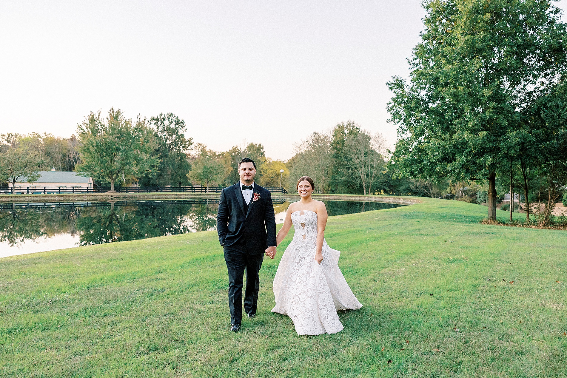 sunset wedding portraits by the water at Morning Glory Farm  