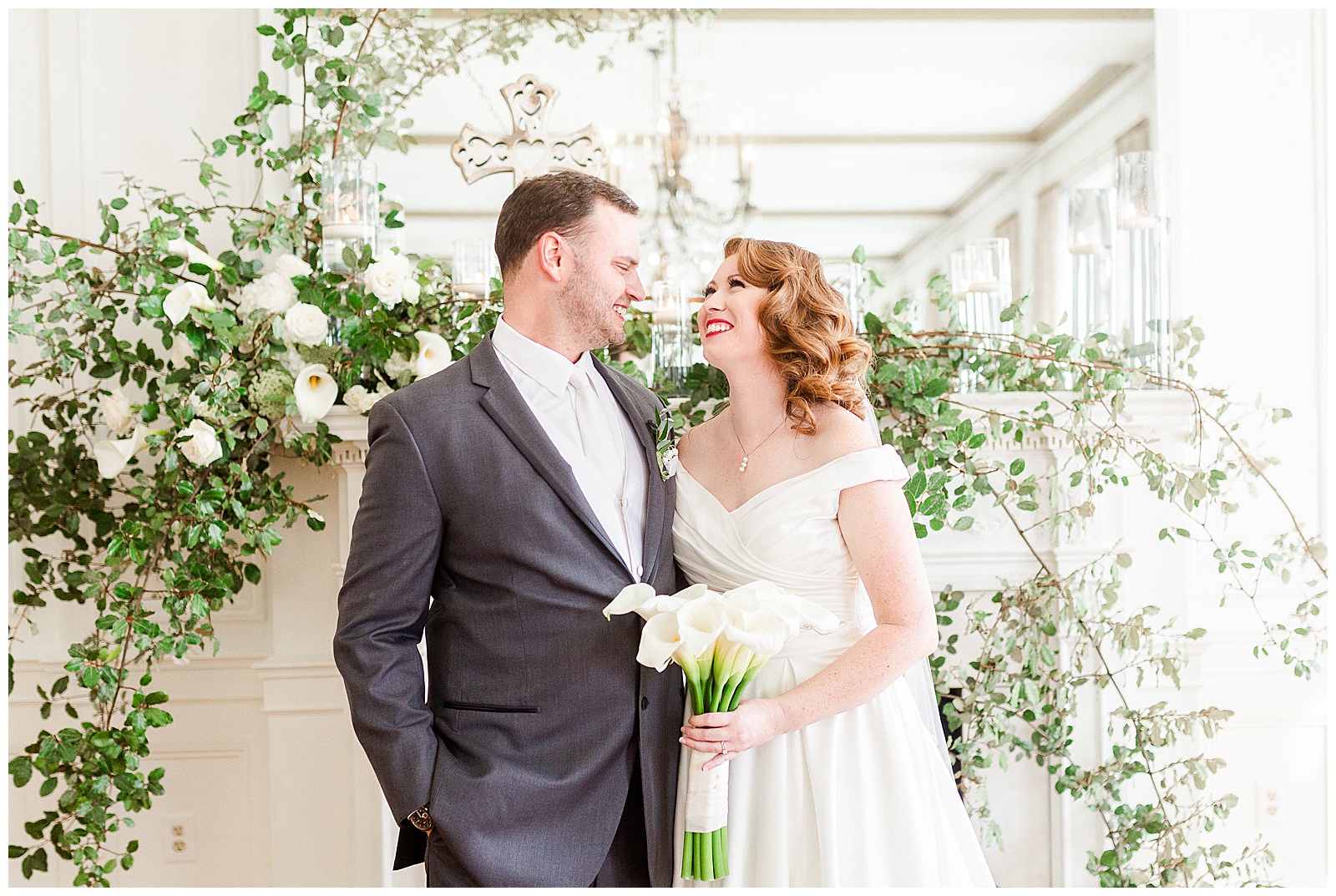 Gorgeous Bride Groom Portraits at elegant indoor floral venue in 1940s Modern Vintage Wedding in Charlotte, NC | check out the full wedding at KevynDixonPhoto.com