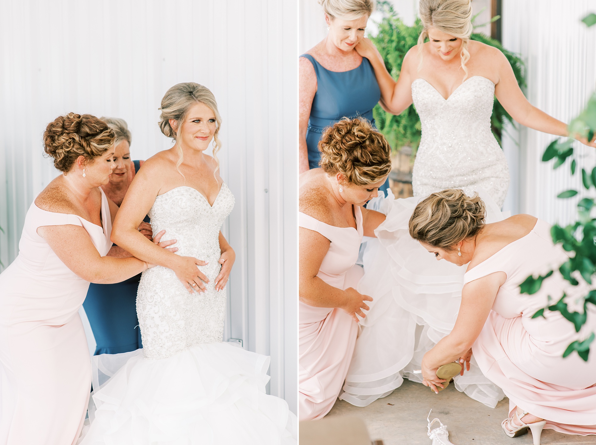 bride's mother and bridesmaids help bride into gown