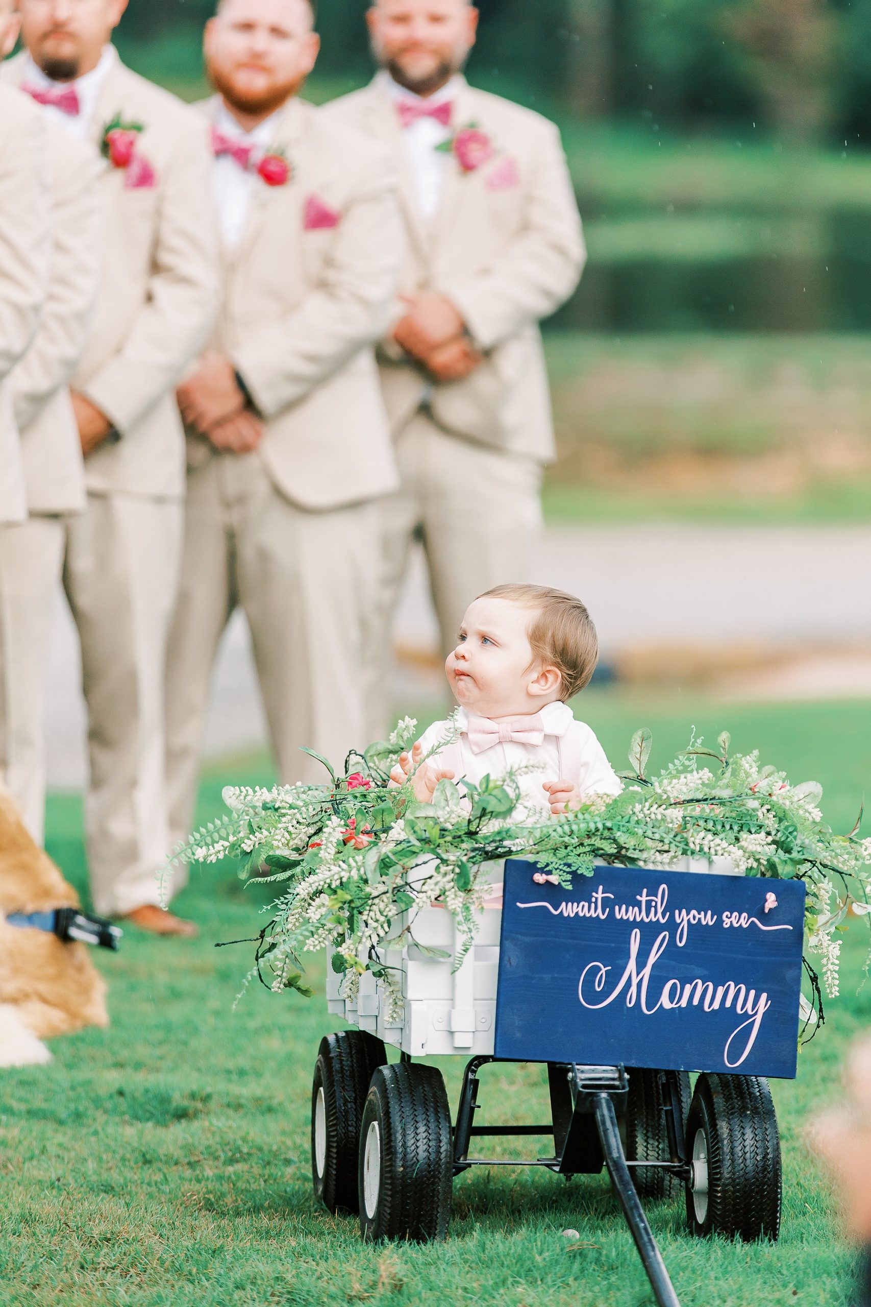 son of bride and groom watches wedding ceremony in wagon