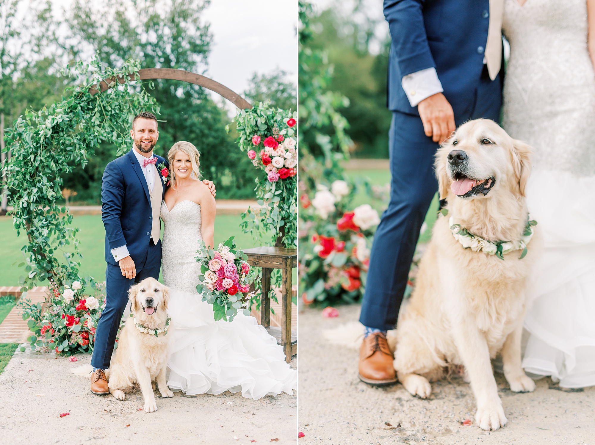 bride and groom pose by alter with golden retriever