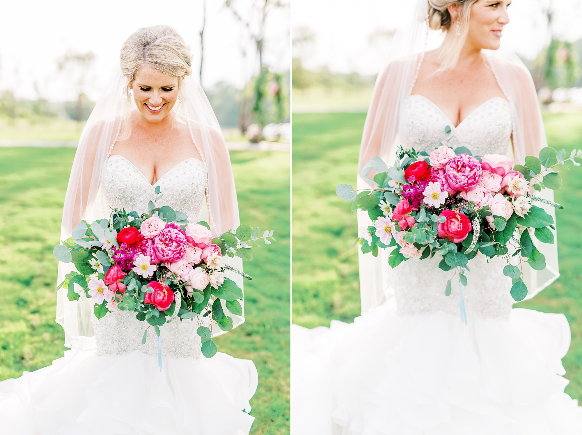 Belle's Venue bridal portraits with bride holding bouquet with bright pink flowers