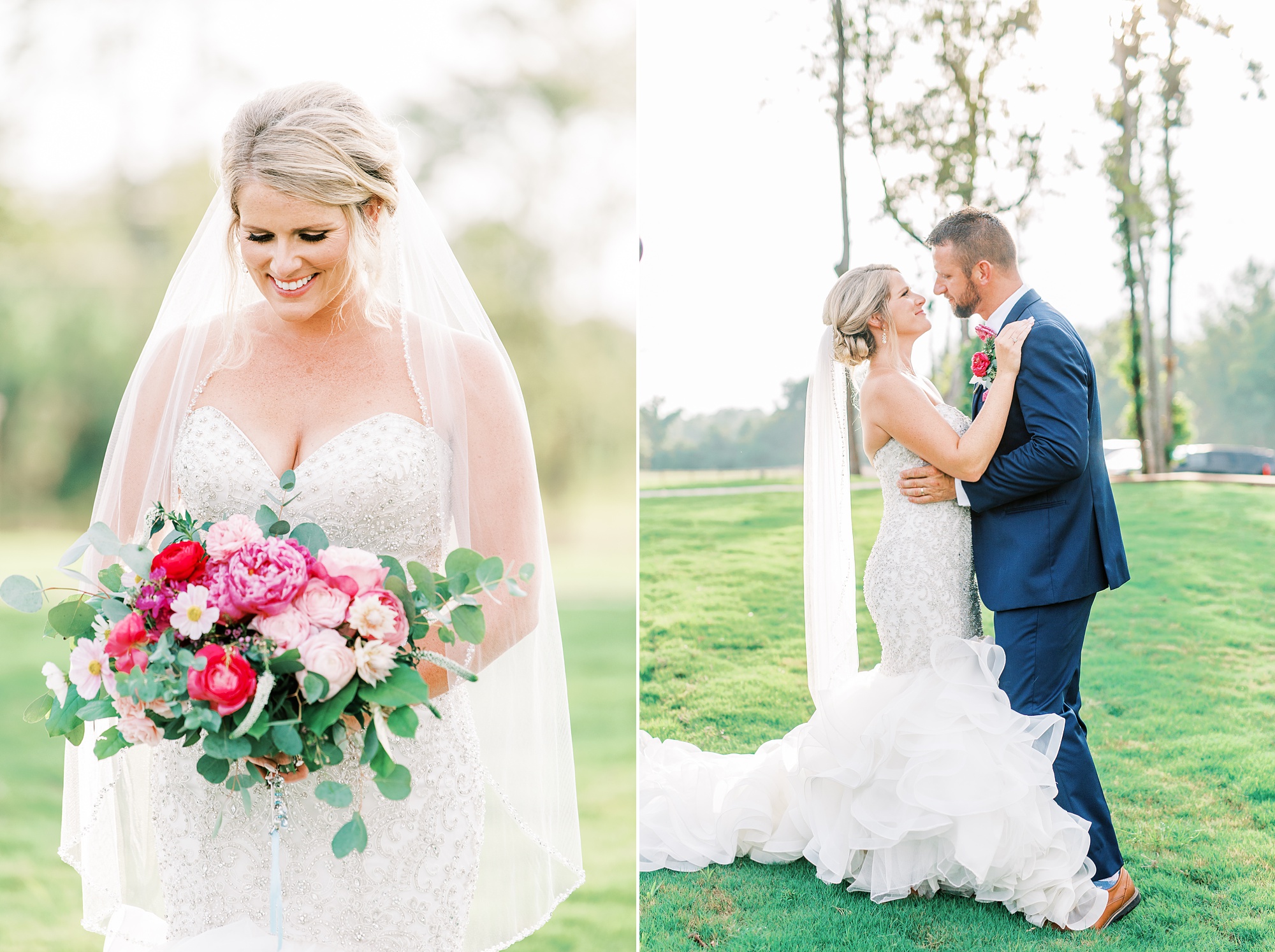 bride holds bouquet of pink flowers while hugging groom in navy suit