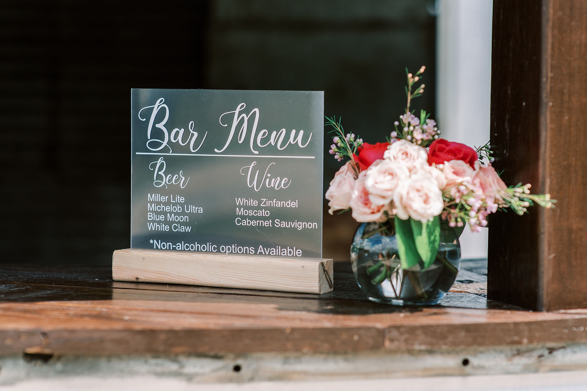 acrylic bar menu sign for SC wedding reception