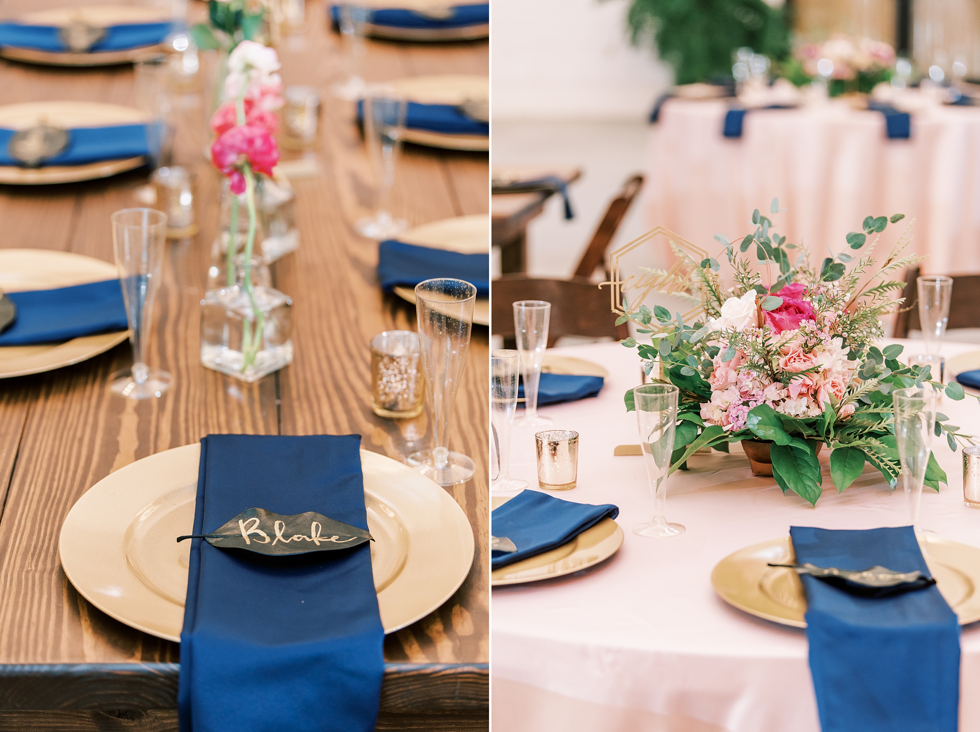navy blue and gold place settings at Belle's Venue