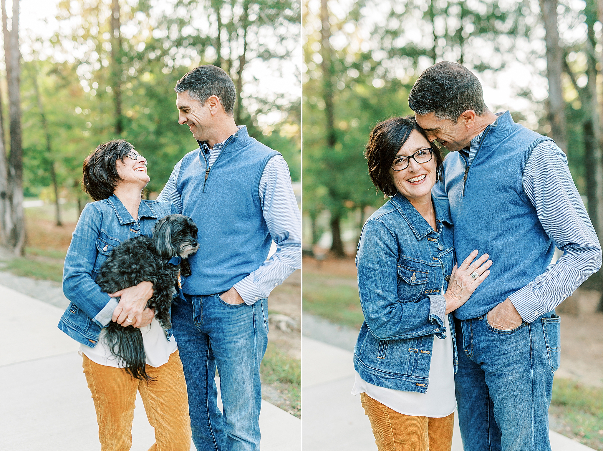 mom in gold pants holds little dog during family portraits