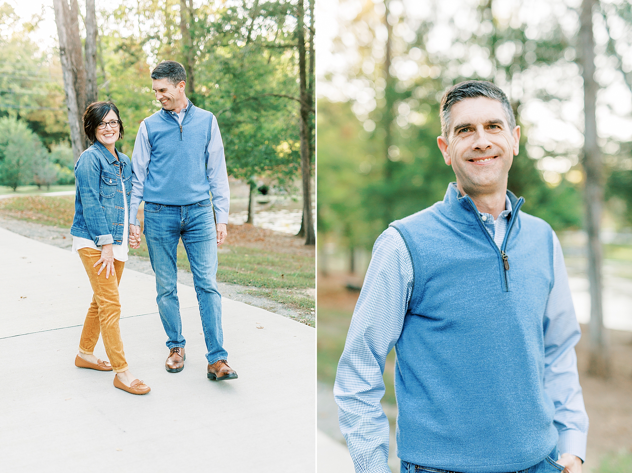 husband and wife pose on path in Pharr Mill Park