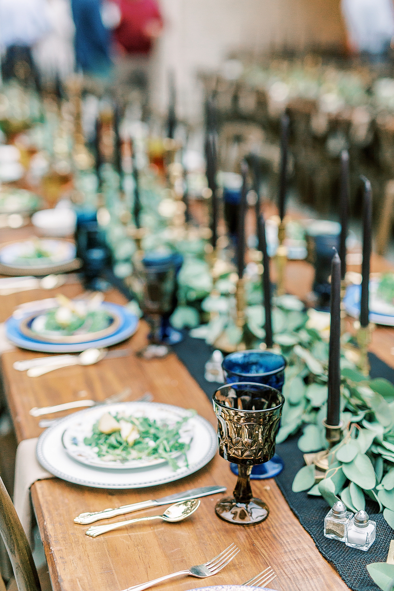 place settings with vintage china and glassware