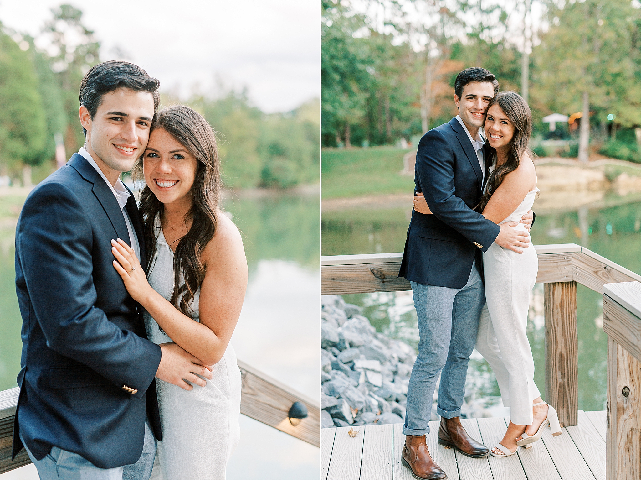 engaged couple poses along Lake Wylie
