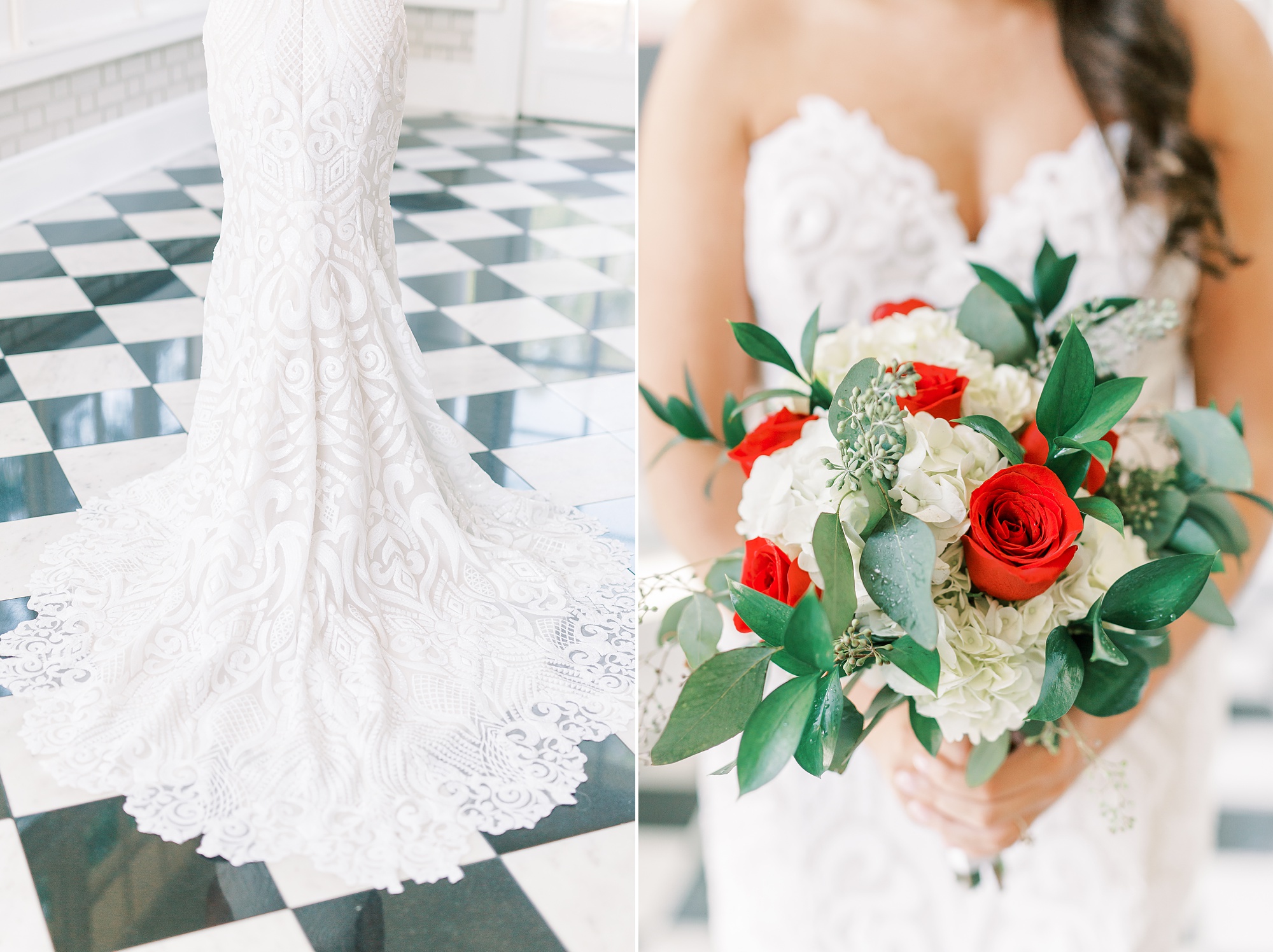 bride holds bouquet with pops of red during bridal portraits