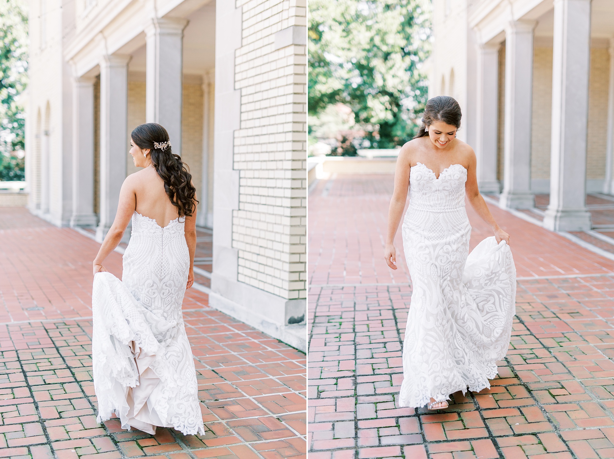 bride walks outside Separk Mansion with wedding dress