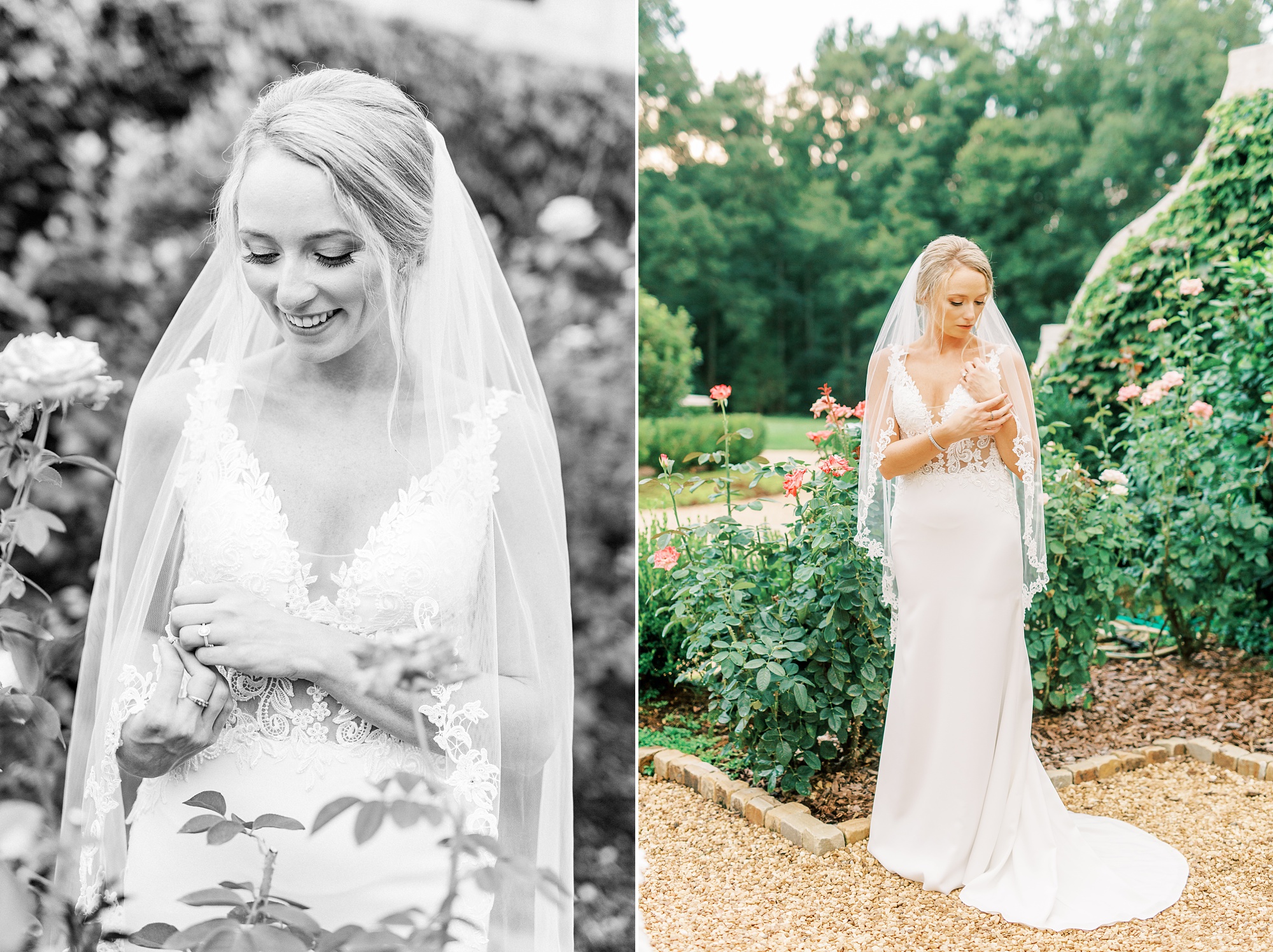 bride in modern wedding dress poses in gardens at The Andrews Farm