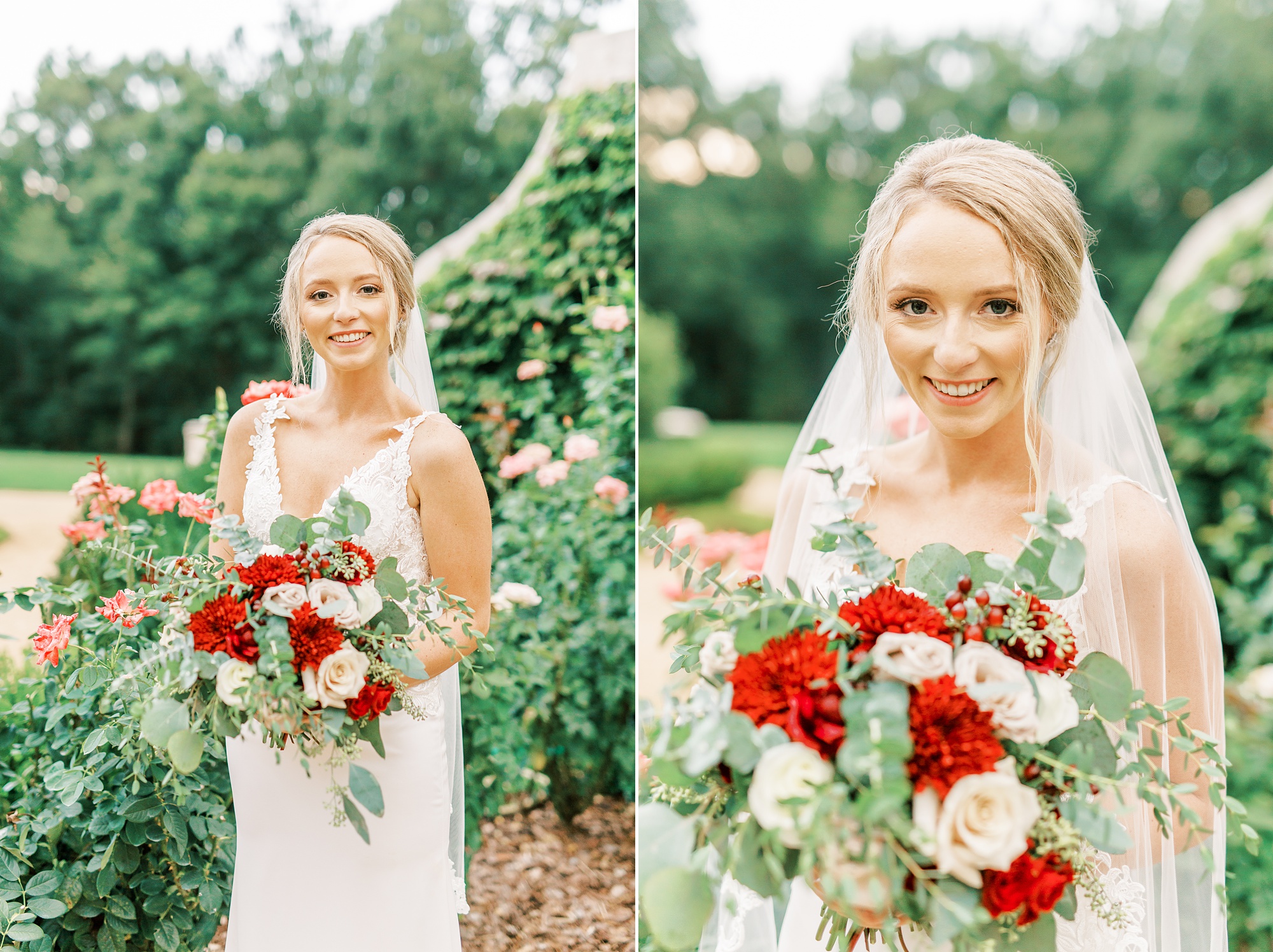 bride holds bouquet of red and white flowers for portraits