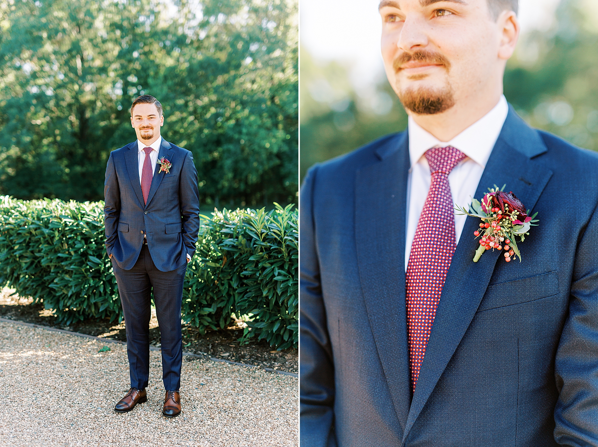 groom in navy tux with burgundy tie for fall elopement