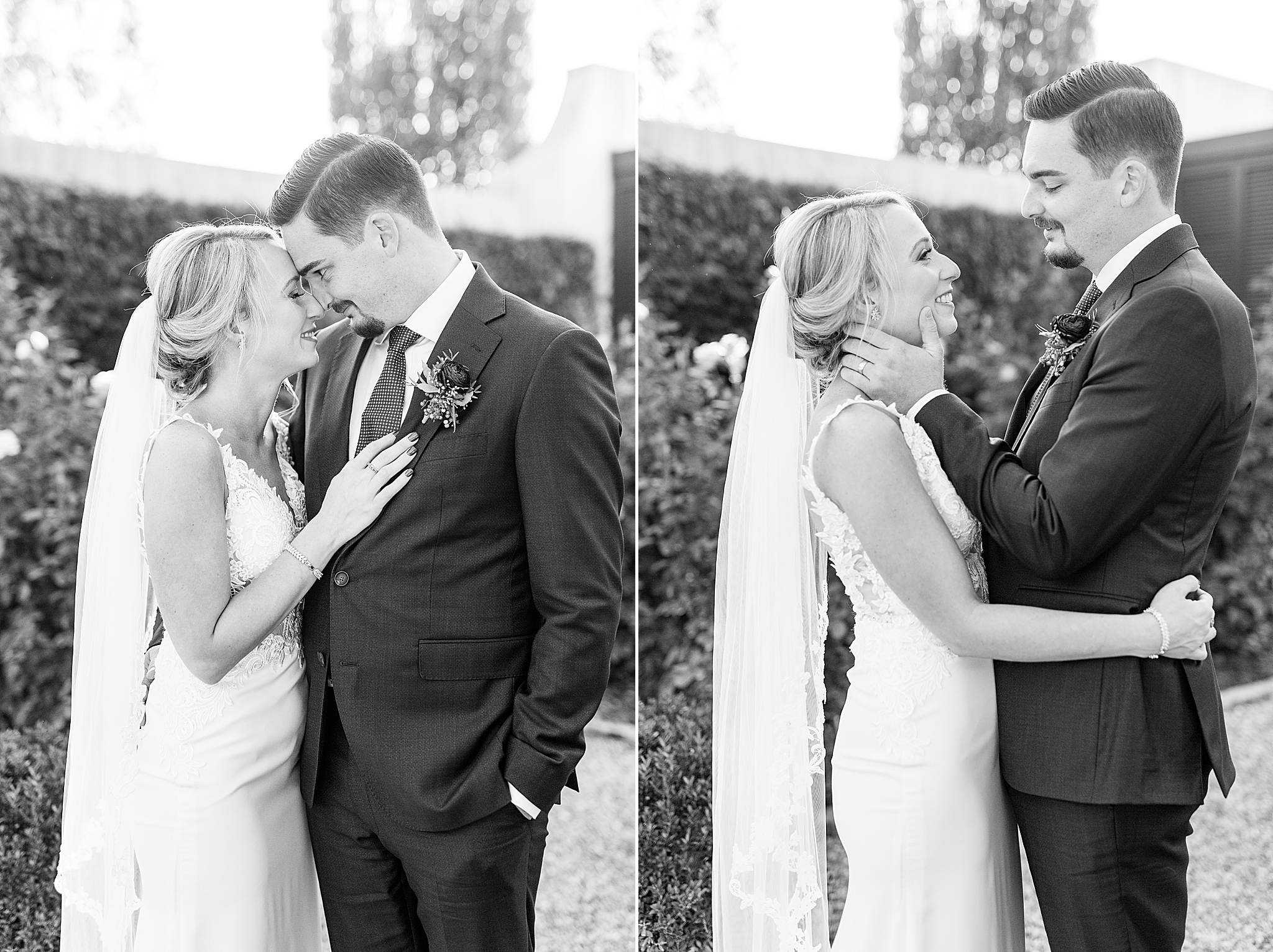 romantic portraits of bride and groom on fall wedding day