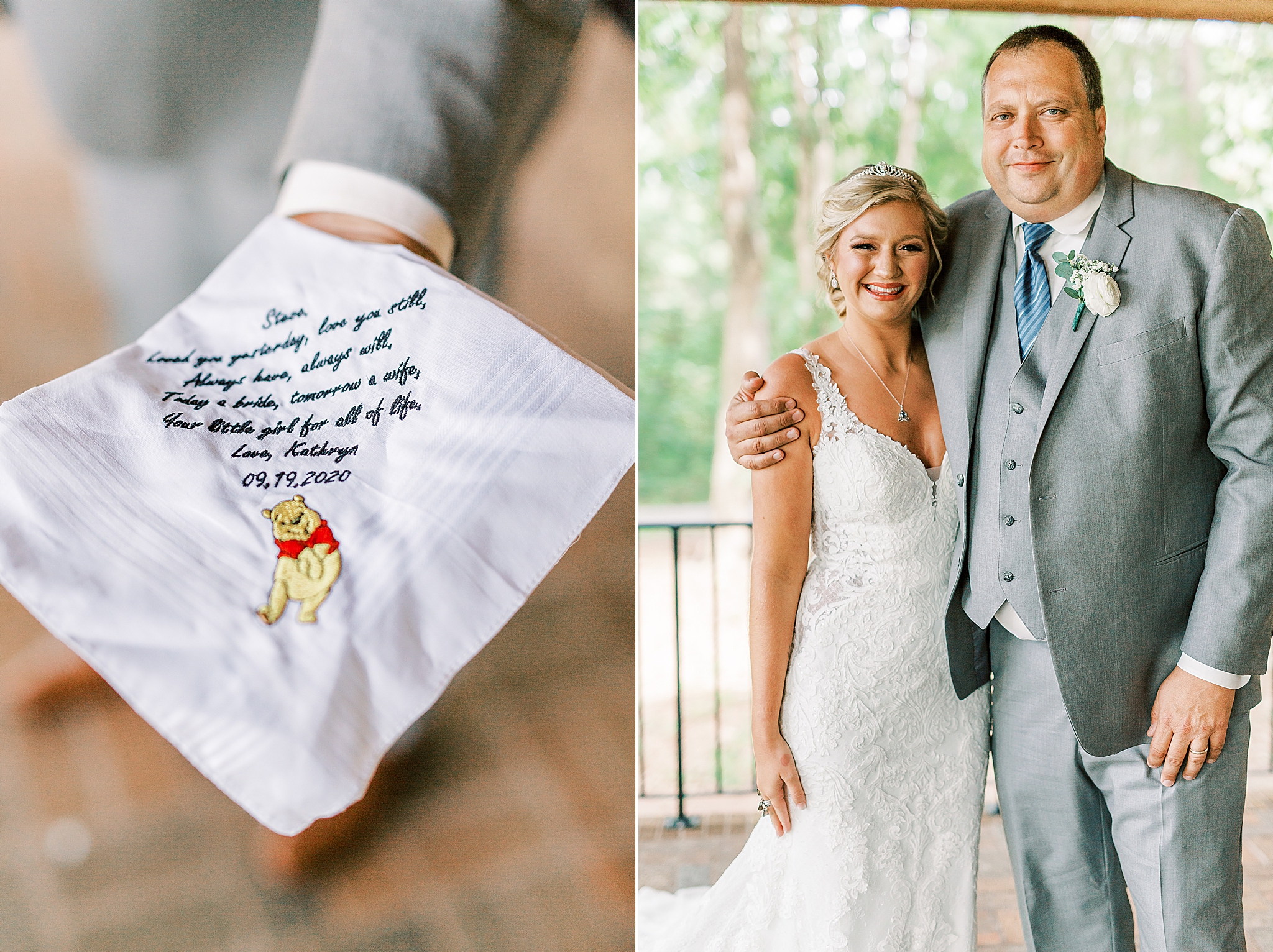 bride gives dad a handkerchief with Pooh Bear