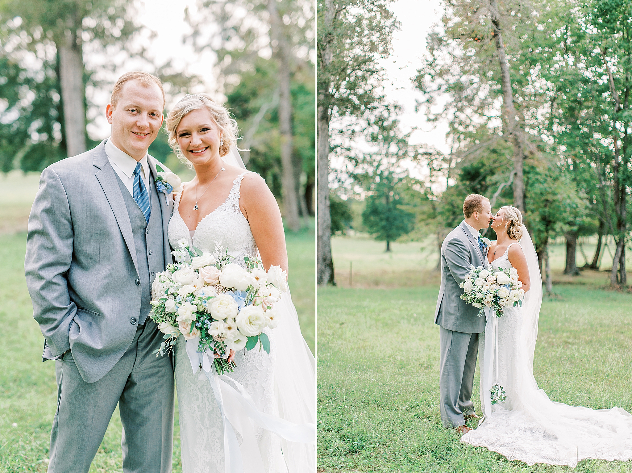 newlyweds pose on farm during wedding photos
