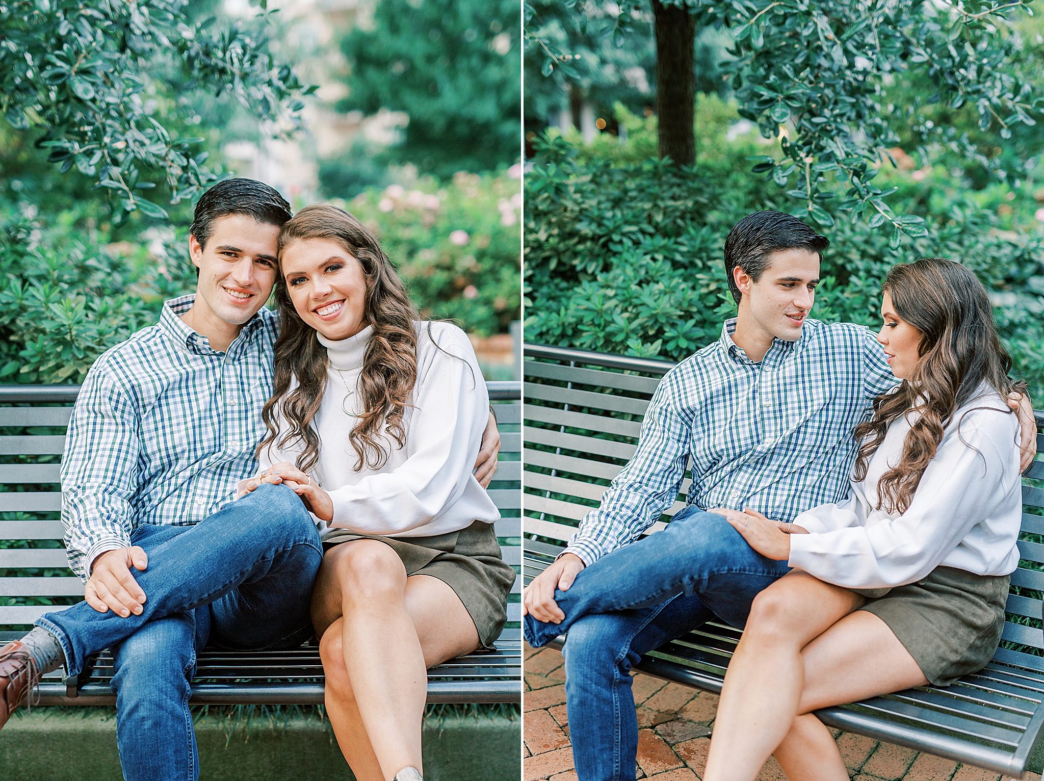 CLT engagement session with young couple on park bench