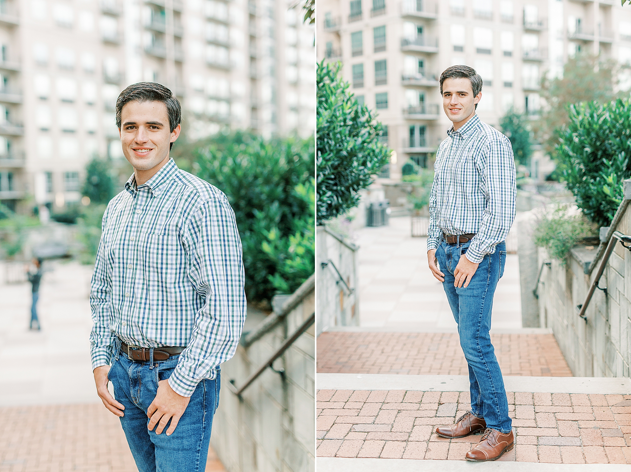 groom in plaid shirt poses in city center
