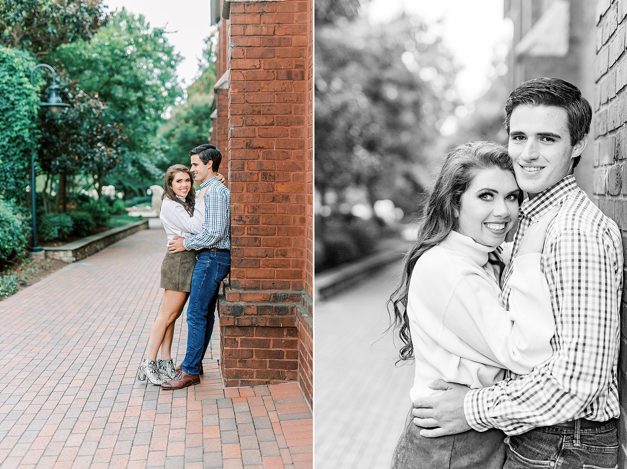 couple leans against brick wall in uptown Charlotte