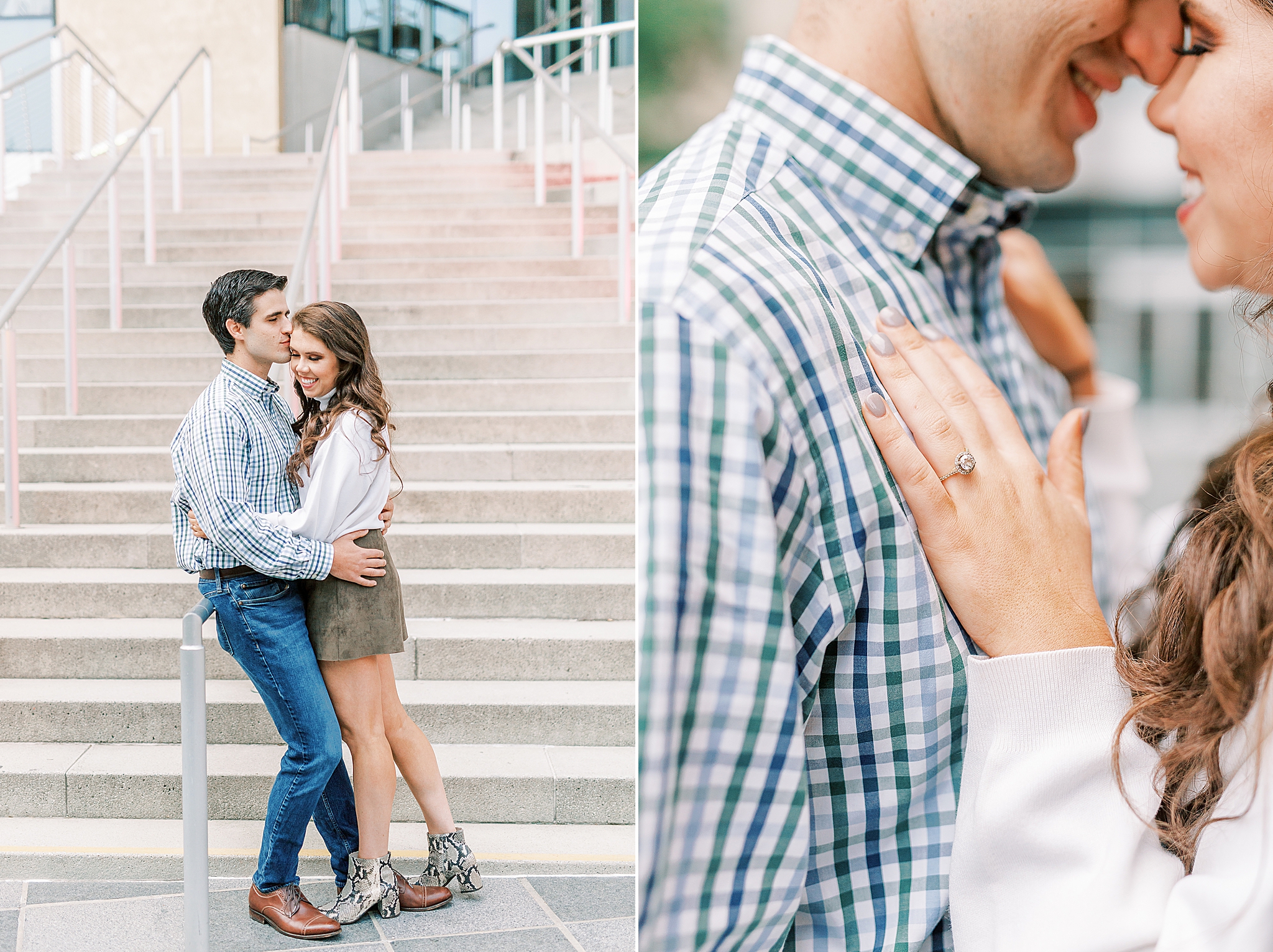 engagement photos on steps at Mint Museum