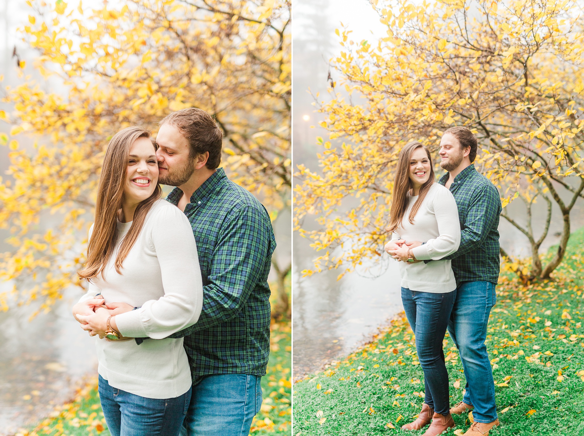 couple poses in front of yellow tree in Blowing Rock