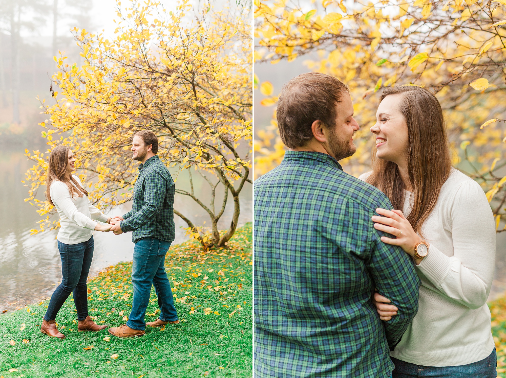 engagement portraits in front of yellow tree in fall