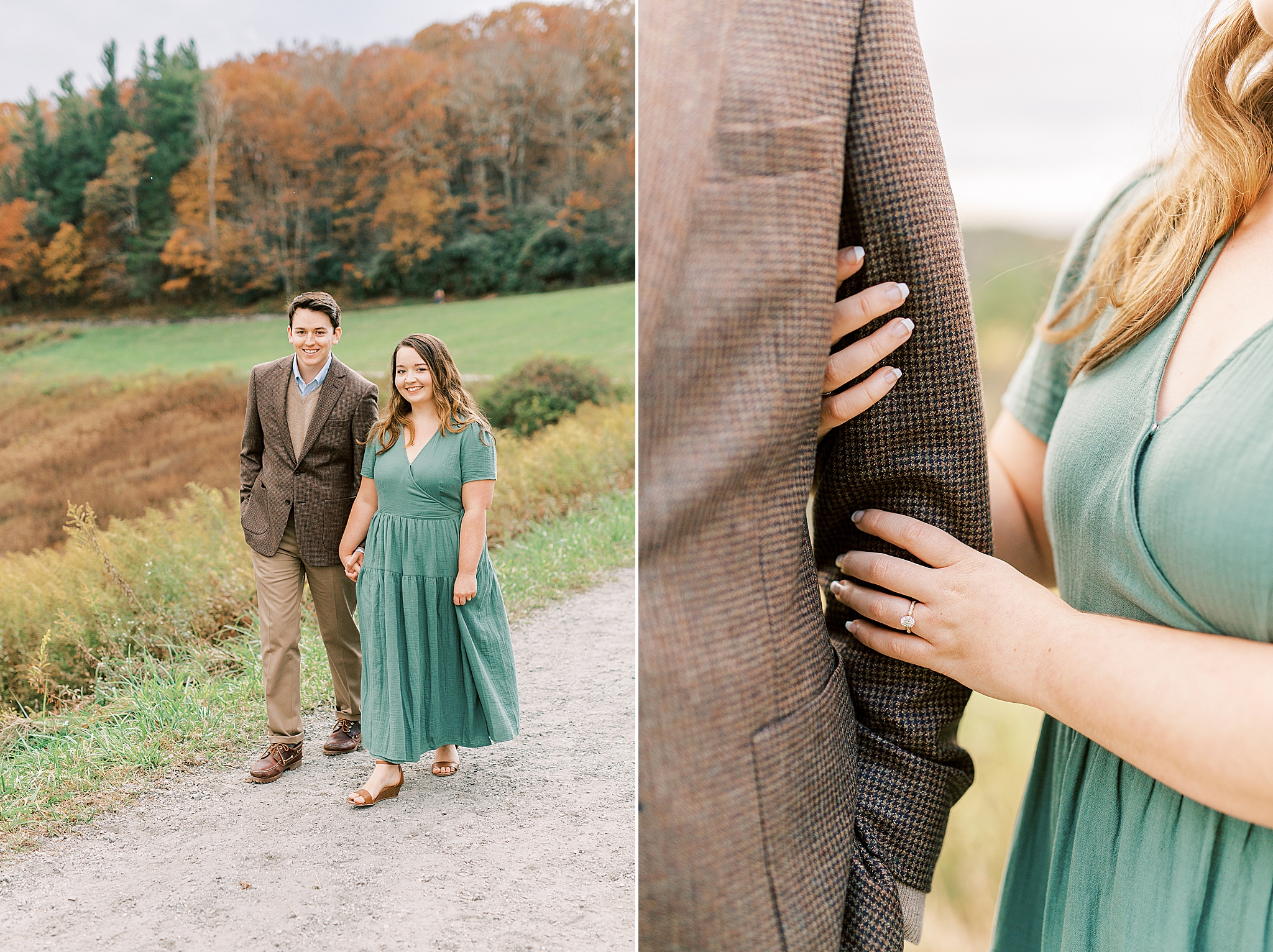 couple in brown suit and green dress pose in Boone NC