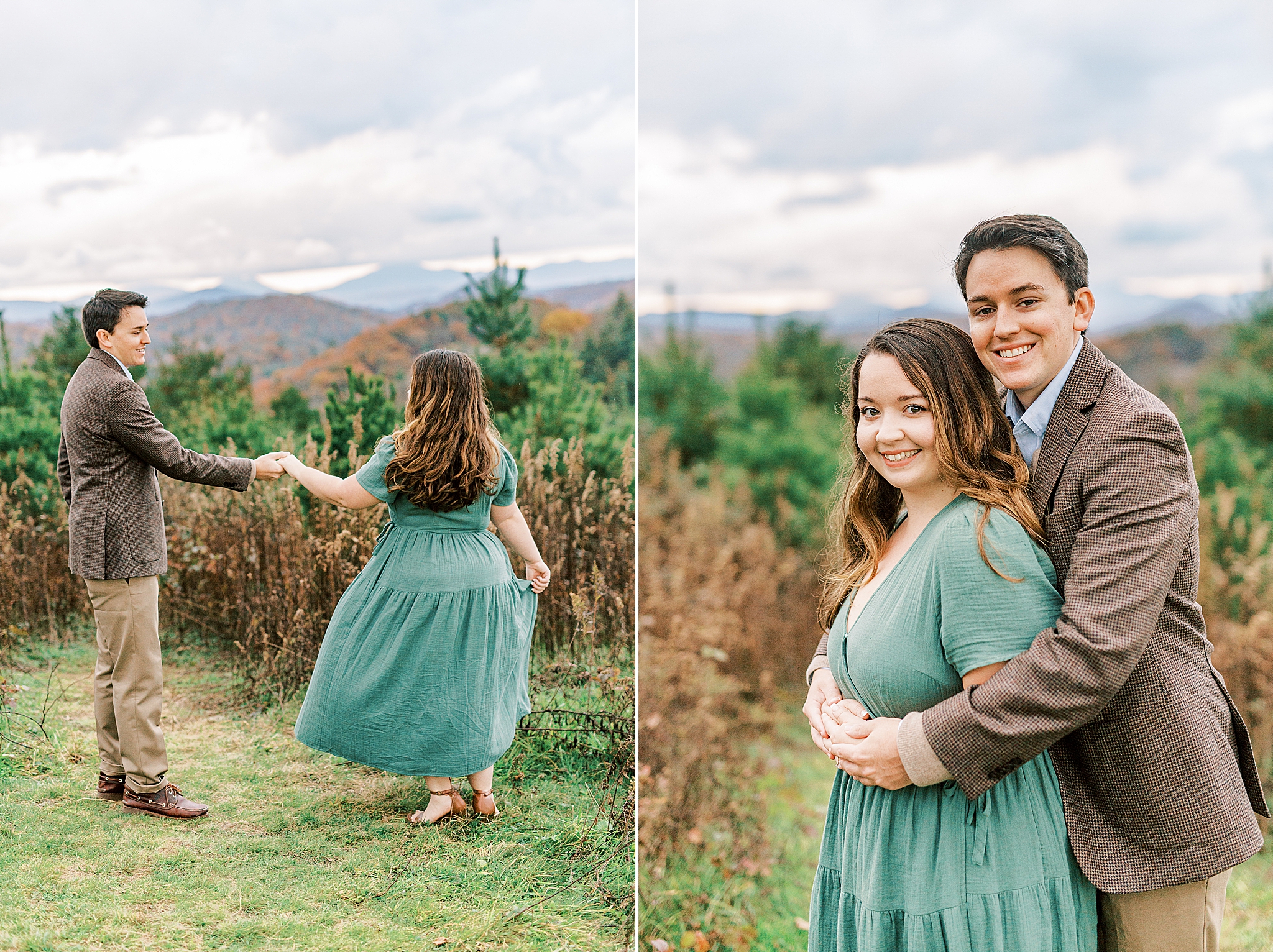 Blue Ridge Parkway engagement portraits of bride in green dress and groom in brown suit