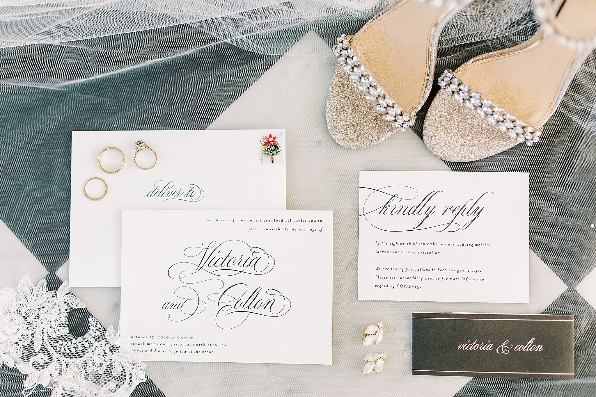 bride's invitation suite and shoes for NC wedding