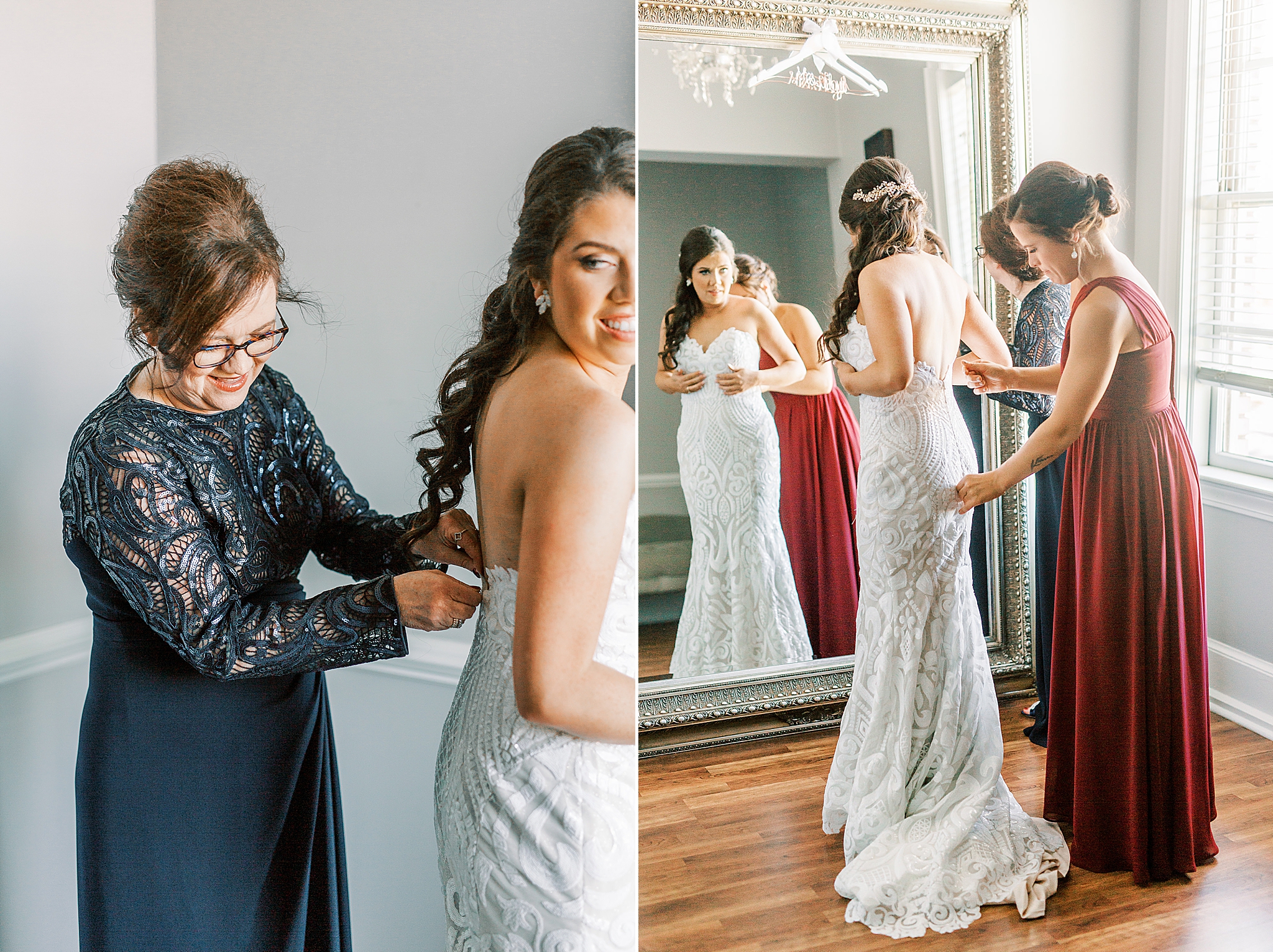 mom and sister help bride into wedding dress for dinner wedding party