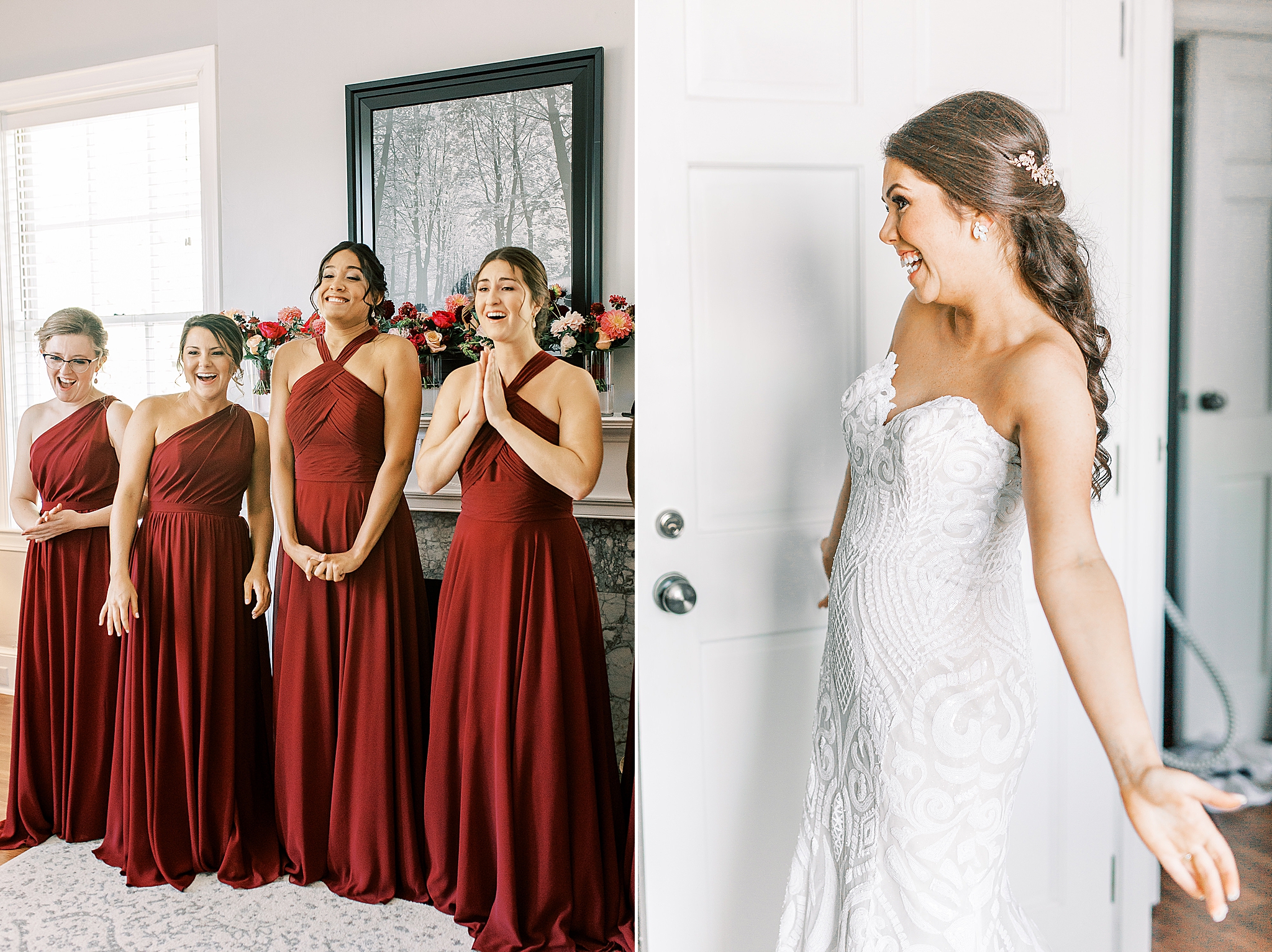 bride has first look with bridesmaids in NC