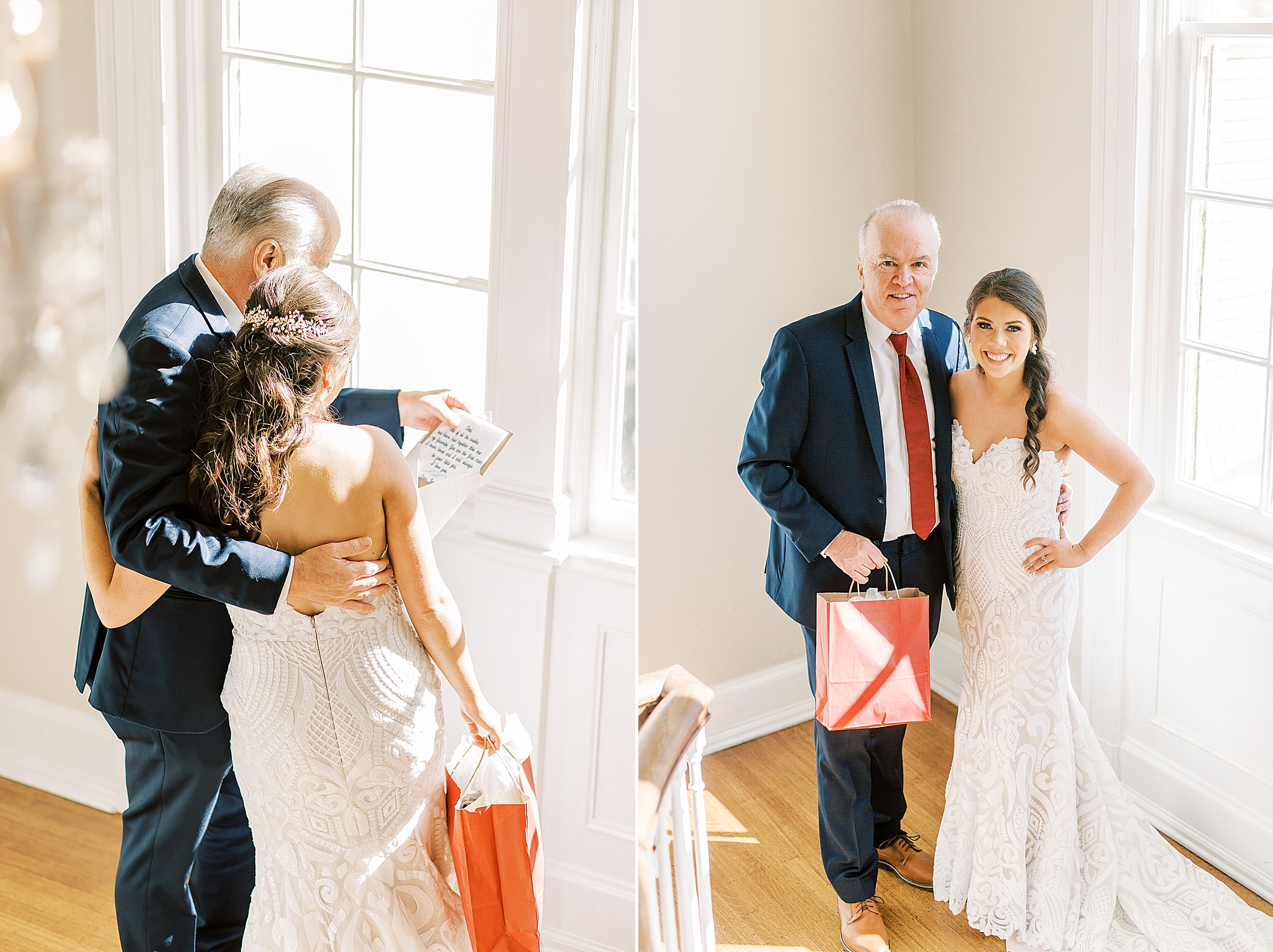 bride and dad hug during first look in NC