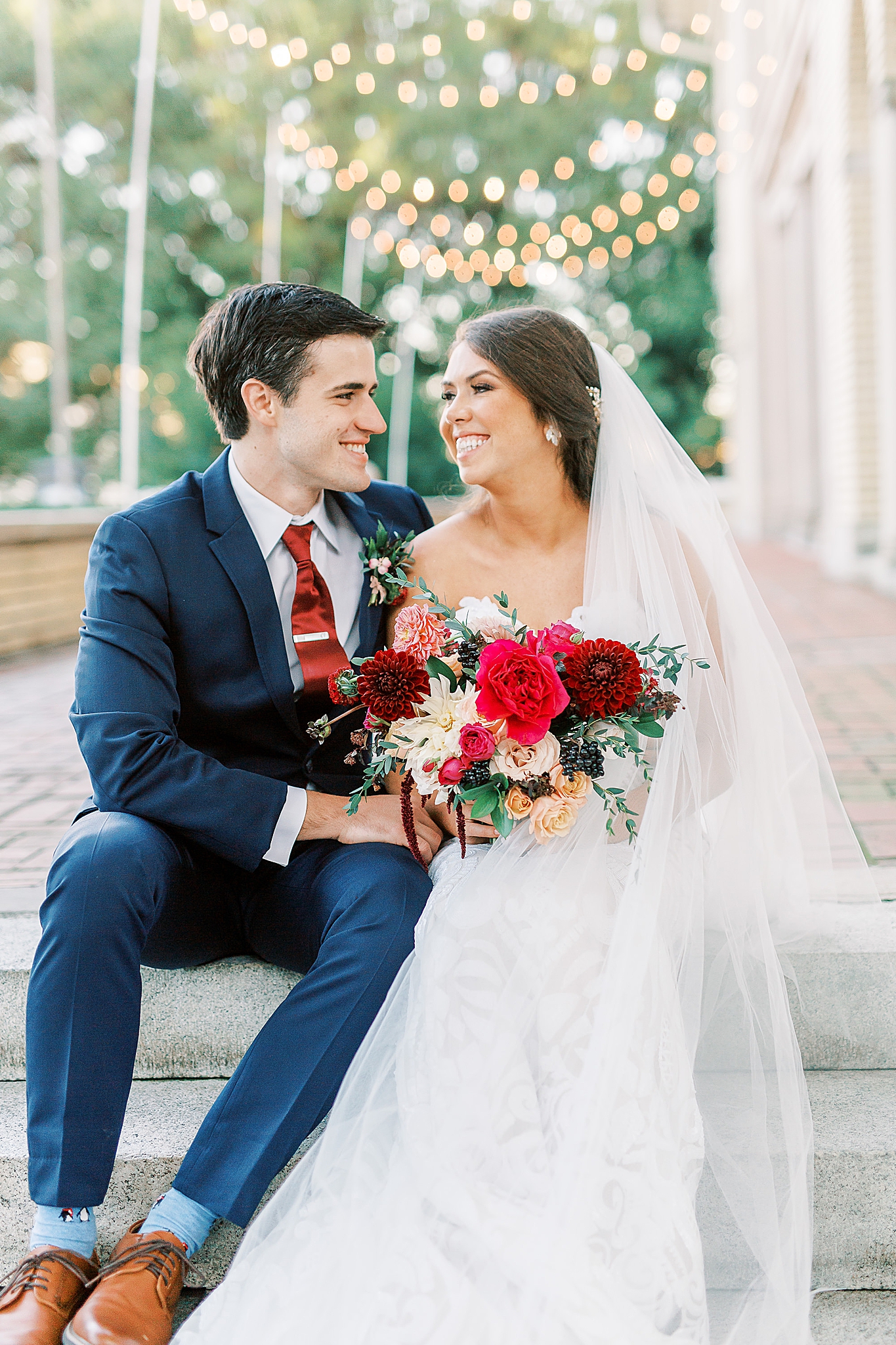 bride and groom laugh on patio at Separk Mansion