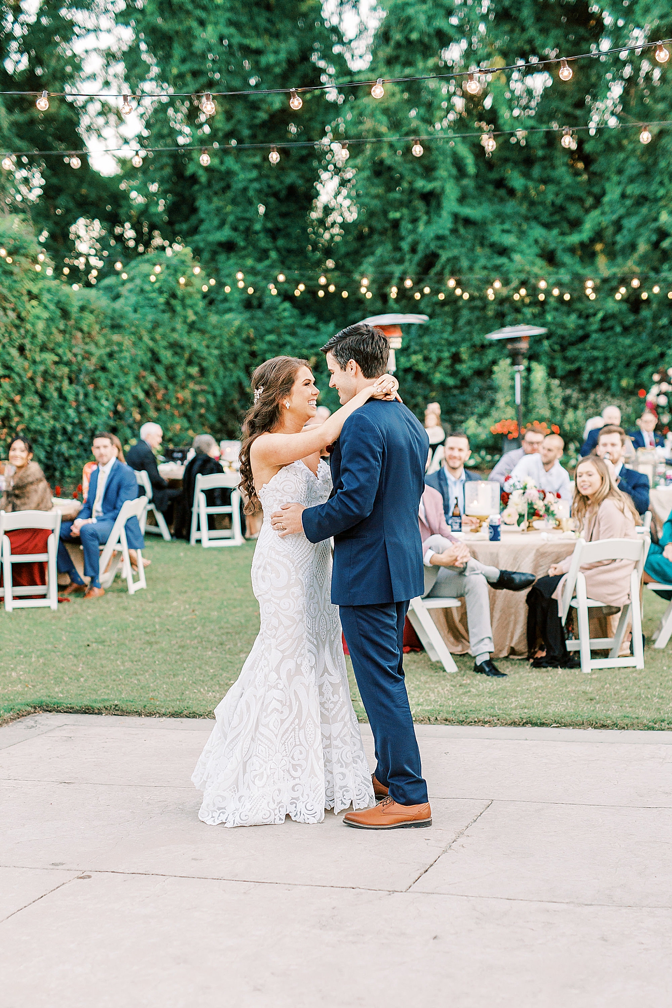 bride and groom's first dance at Separk Mansion garden reception