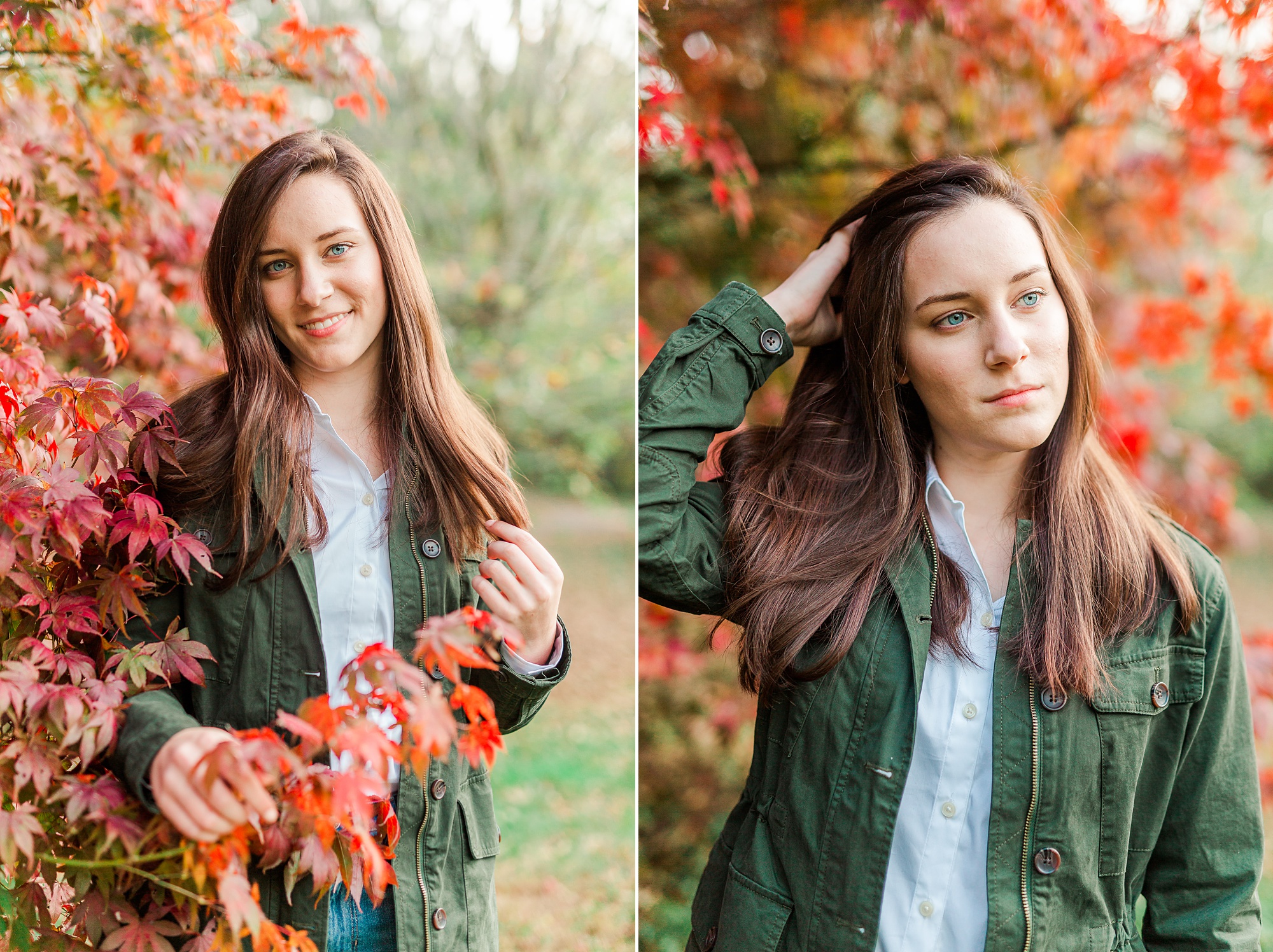 senior stands in tree branches during fall portraits at Sloan Park