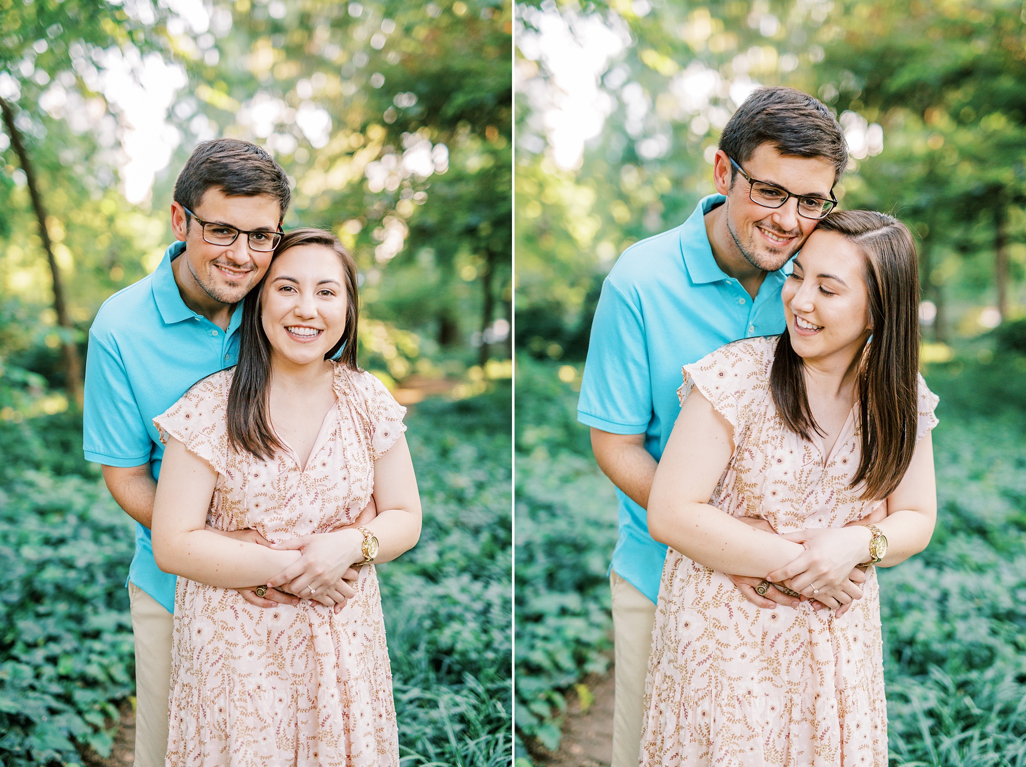 groom hugs bride from behind during summer engagement session at Fourth Ward Park