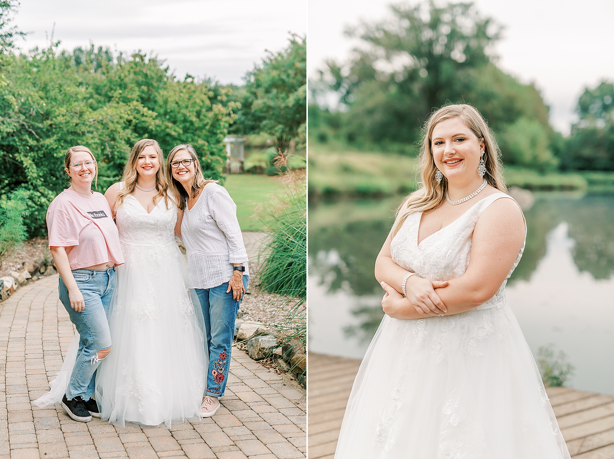 bride poses with mom and sister during bridal session