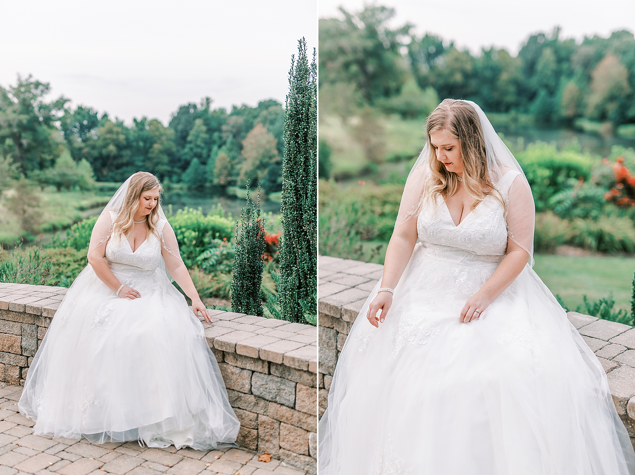 bride sits on brick ledge during The Arbors Bridal Portraits