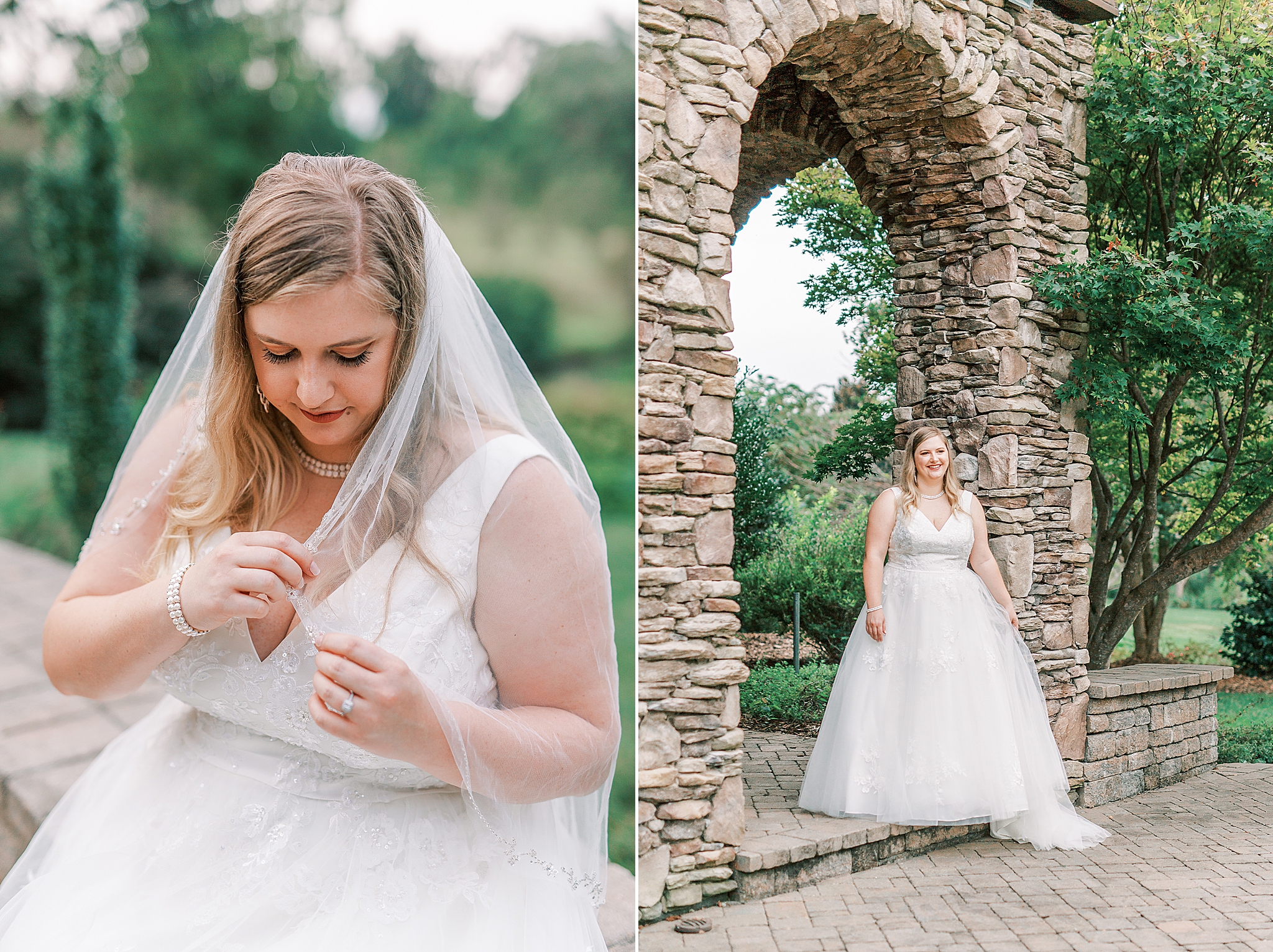 bride holds veil while standing in brick arbor