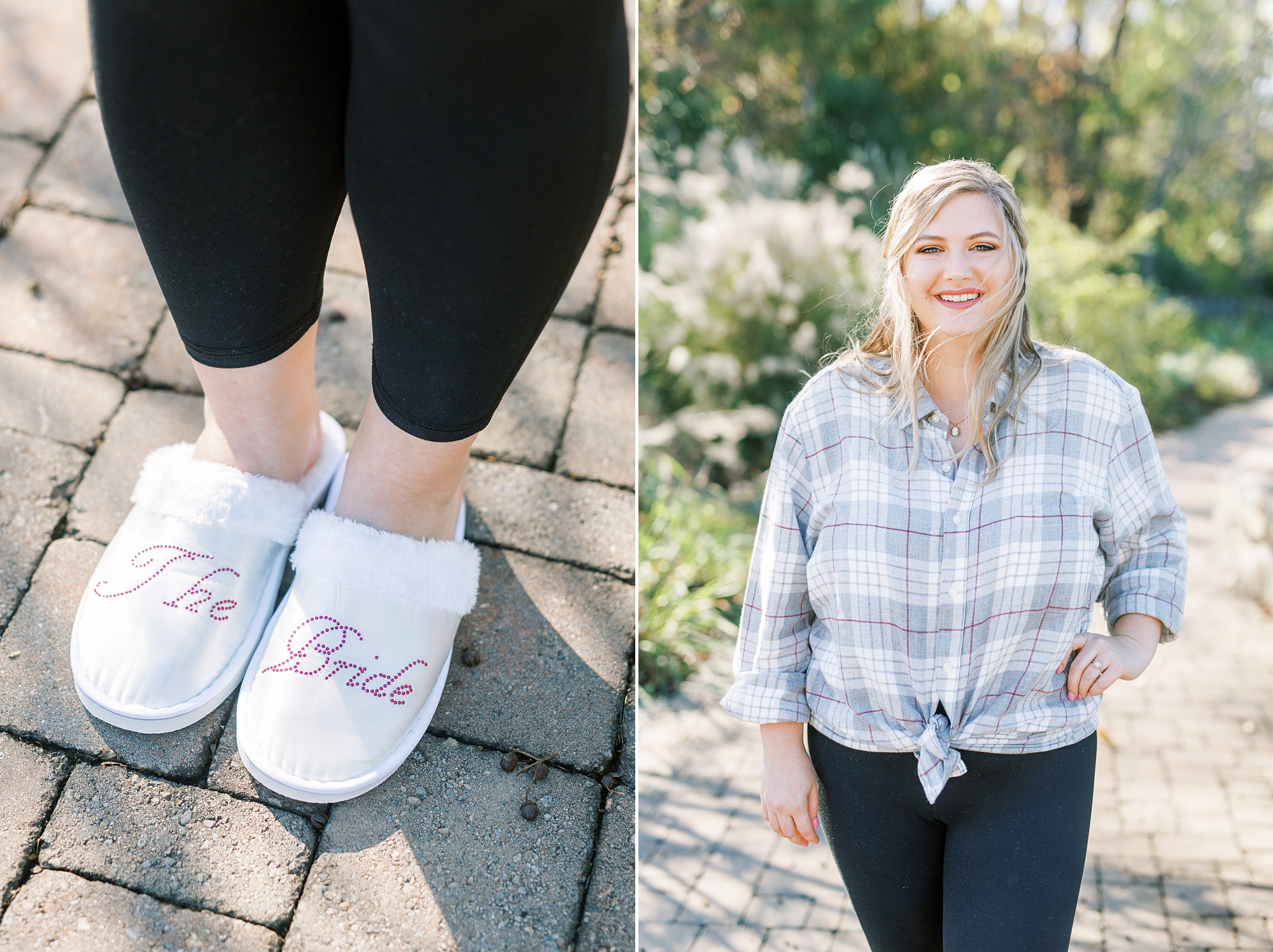 bride in custom slippers and plaid shirt poses before NC wedding